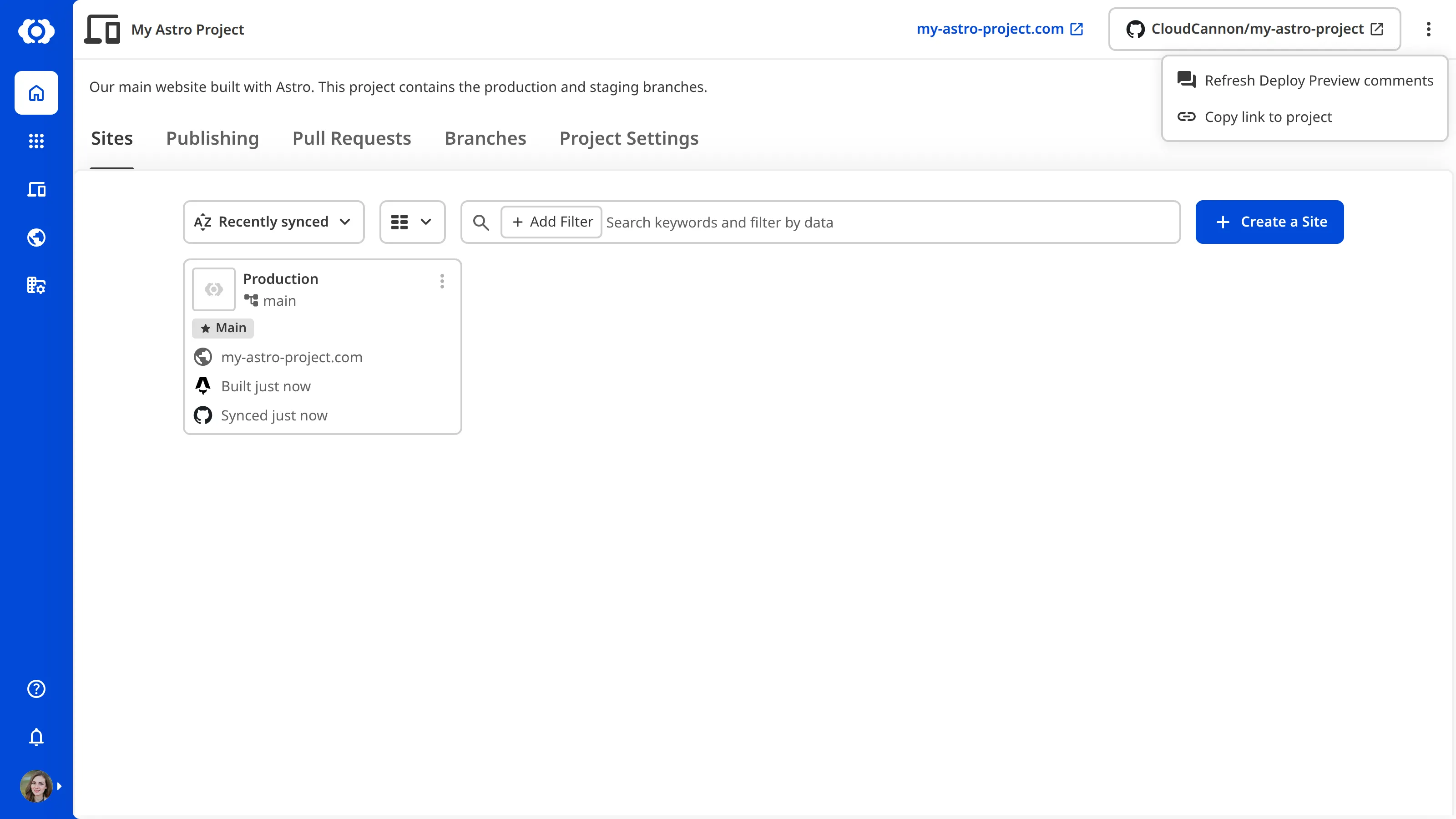 The Project page Context Menu A screenshot of the Project page with the Context Menu open, showing Refresh Deploy Preview comments and Copy link to project options.