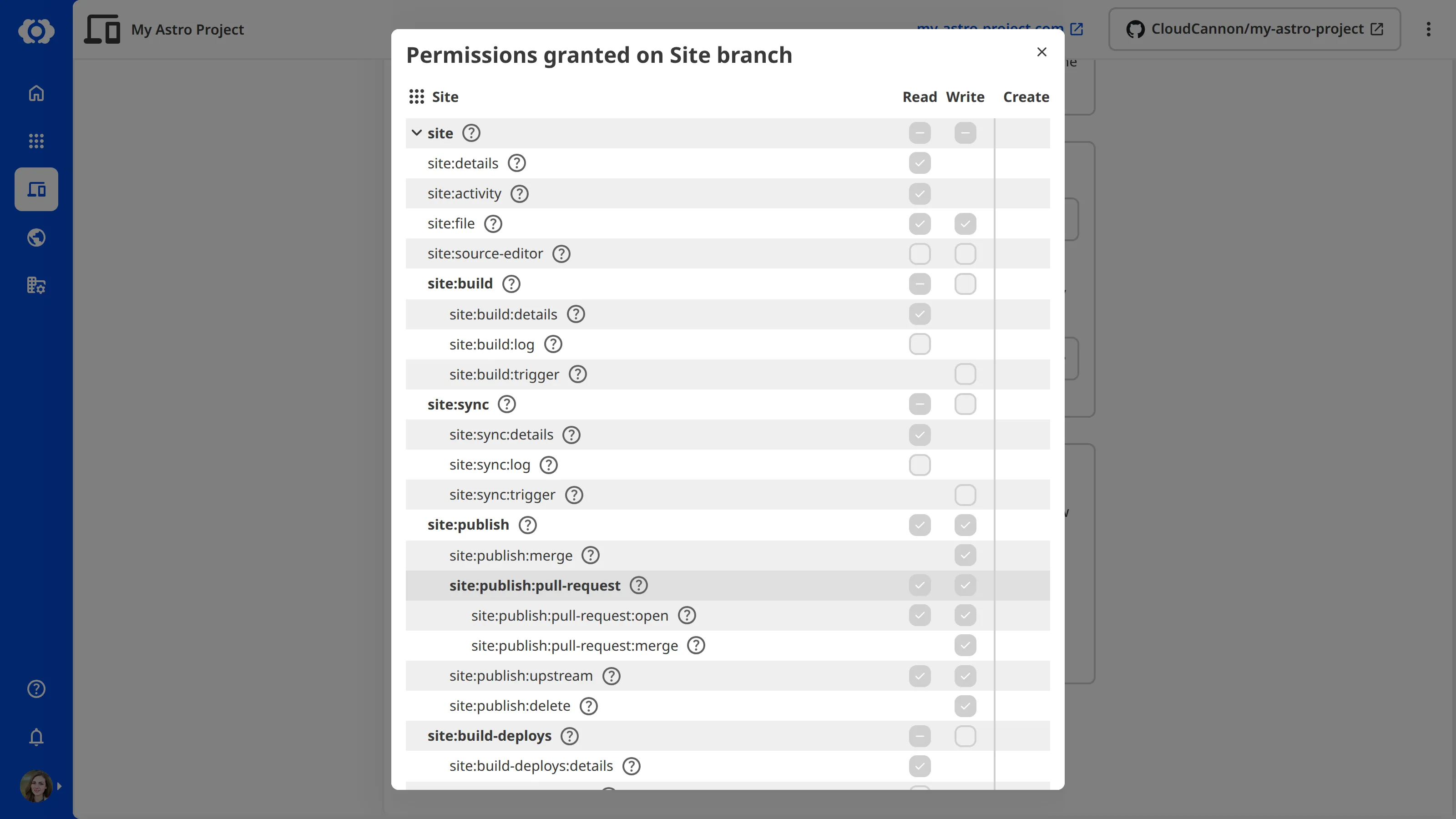 A screenshot of the Permissions granted on Site branch modal, showing the permission tree with Read, Write, and Create columns ticked for the Site permissions CloudCannon grants when a Team Member branches a Site.