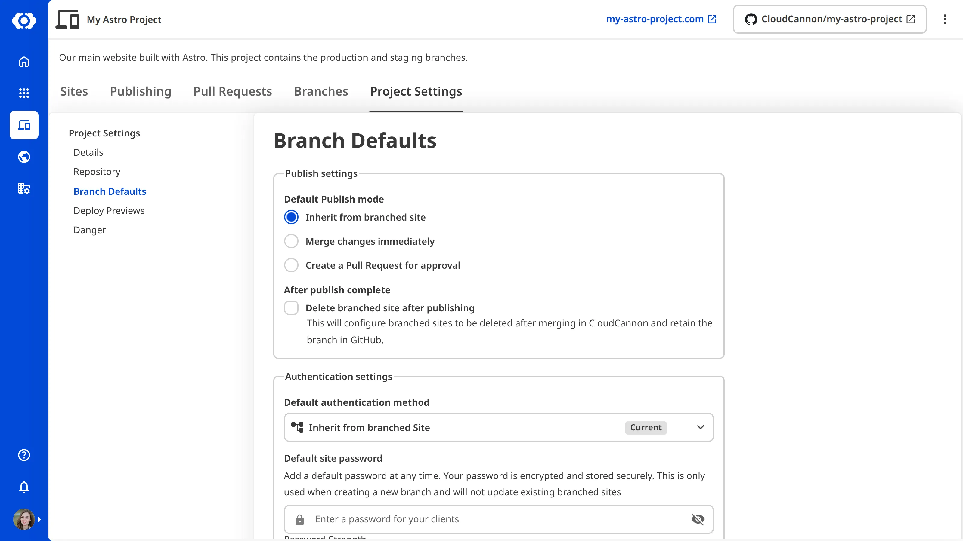 A screenshot of the Branch Defaults section in Project Settings, showing the Publish settings, Authentication settings, and Permission settings fieldsets.