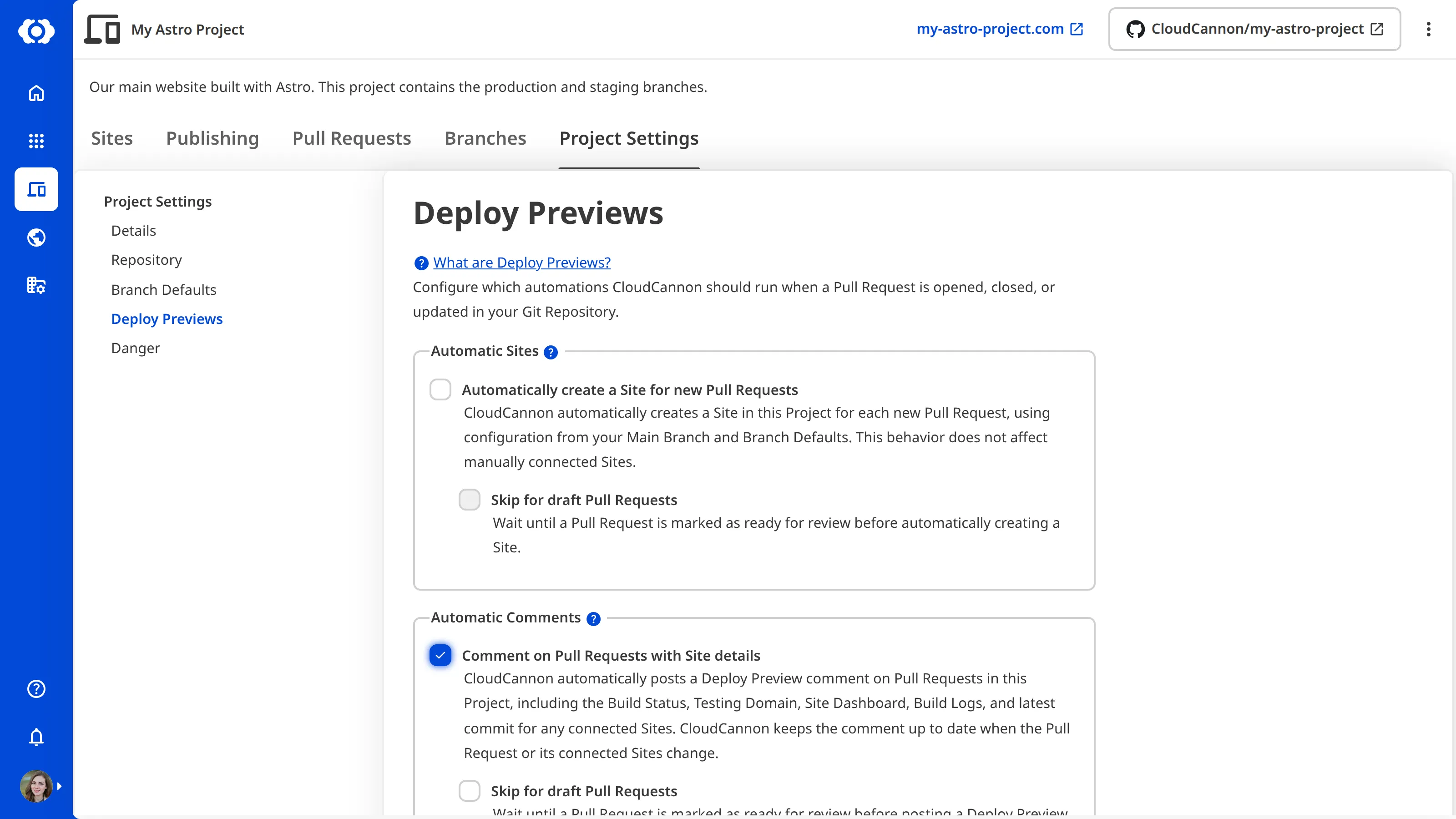 The Automatic Comments fieldset enabled A screenshot of the Deploy Previews section showing the Automatic Comments fieldset with Comment on Pull Requests with Site details enabled.