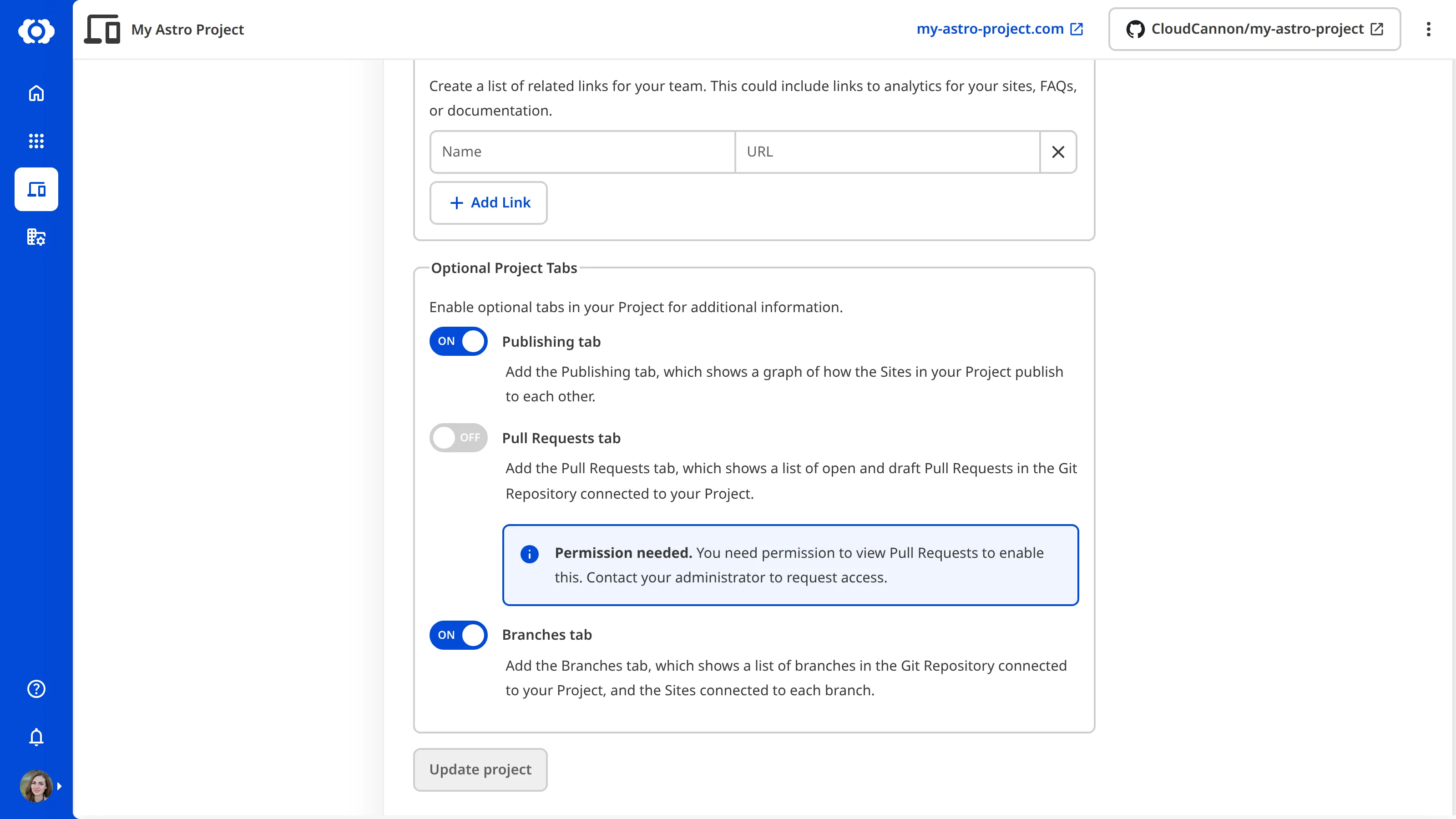 The disabled Pull Requests toggle with the Permission needed notice A screenshot of the Optional Project Tabs fieldset in Project Settings, with the Pull Requests toggle disabled and a Permission needed inline notice explaining that the user needs permission to view Pull Requests to enable it.