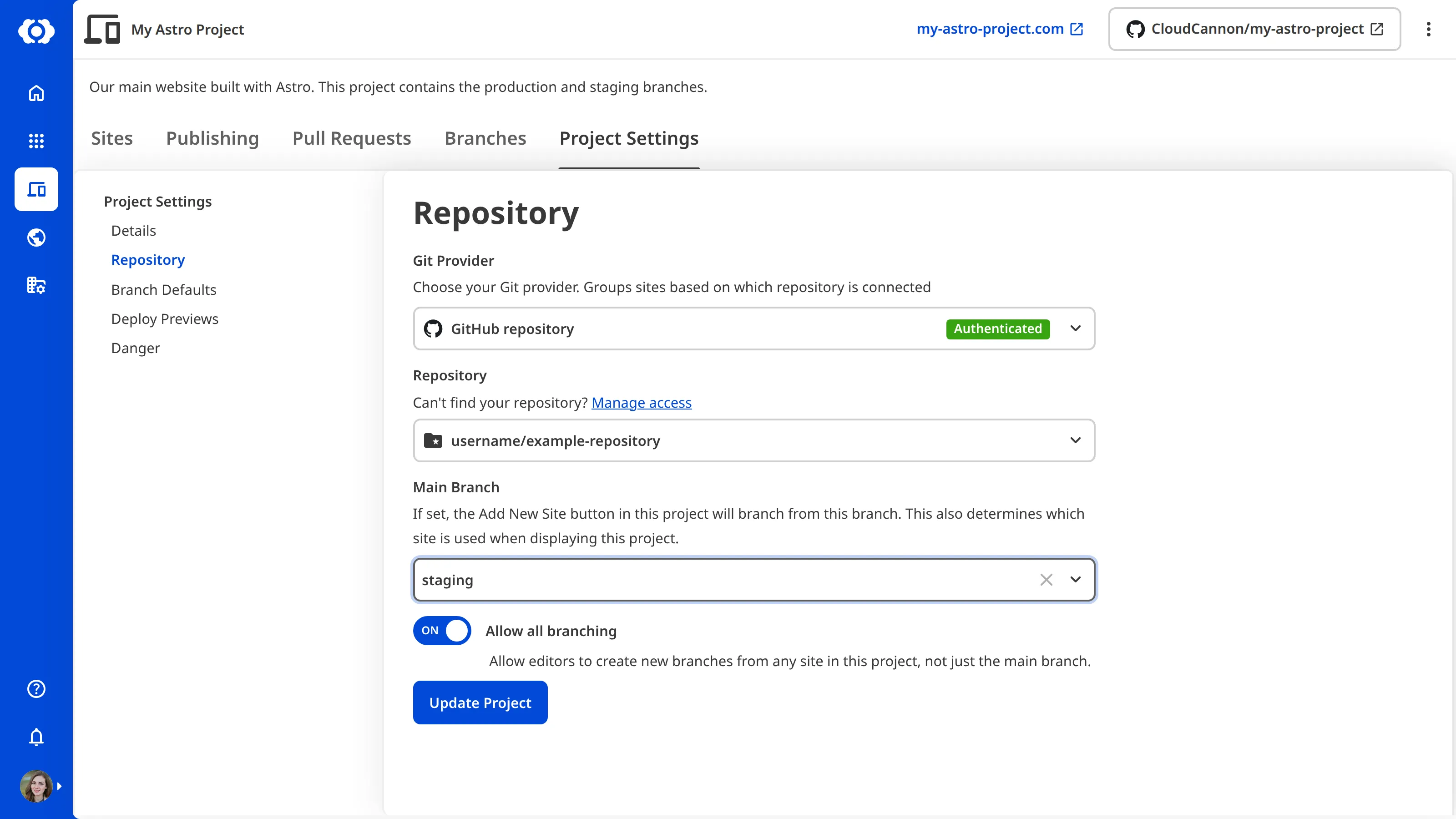 A screenshot of the Repository section in Project Settings after selecting a different branch from the Main Branch dropdown.