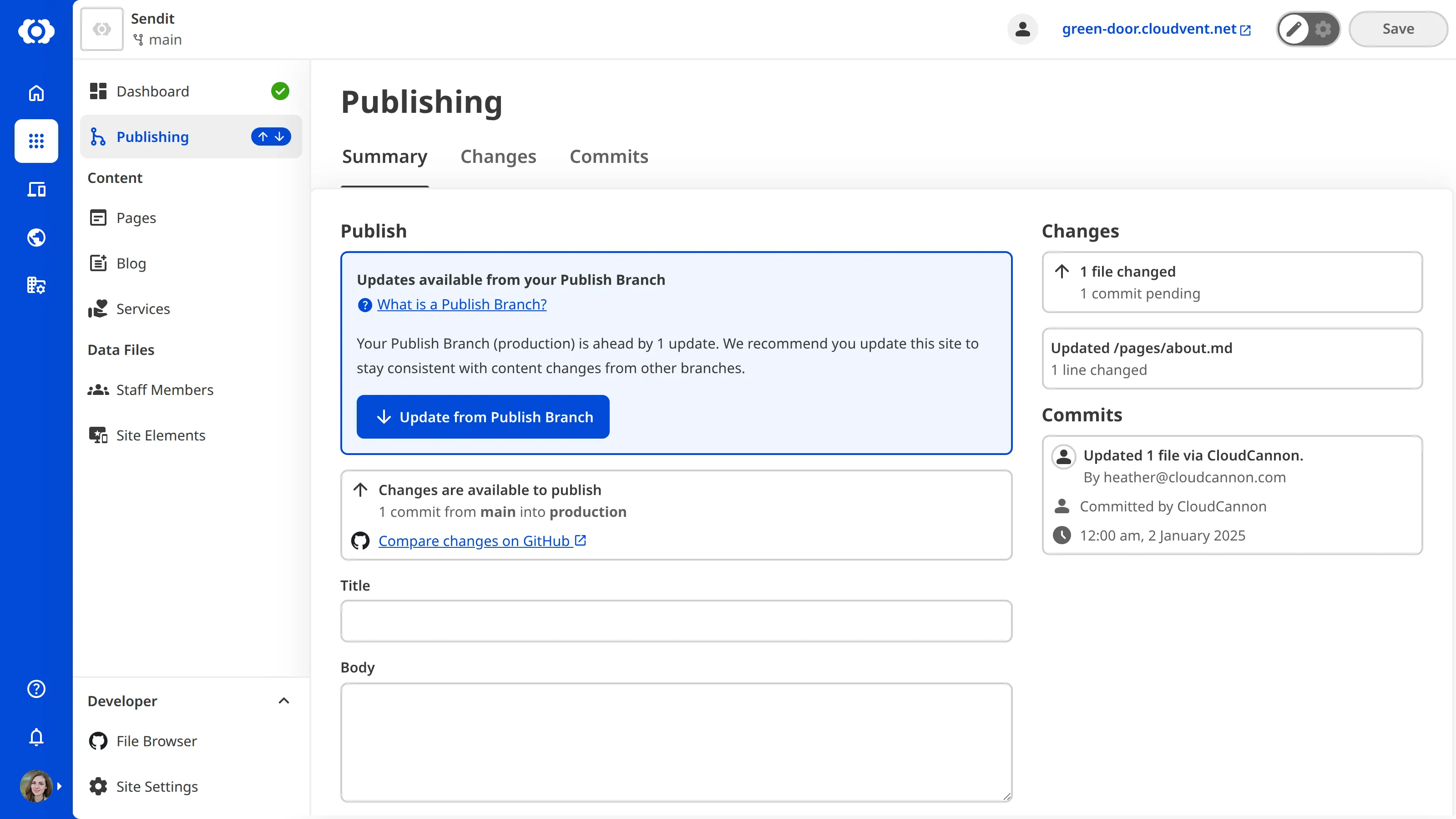 The Publishing page with updates available A screenshot of the Publishing page shows an Updates available from your Publish Branch notice with an Update from Publish Branch button.