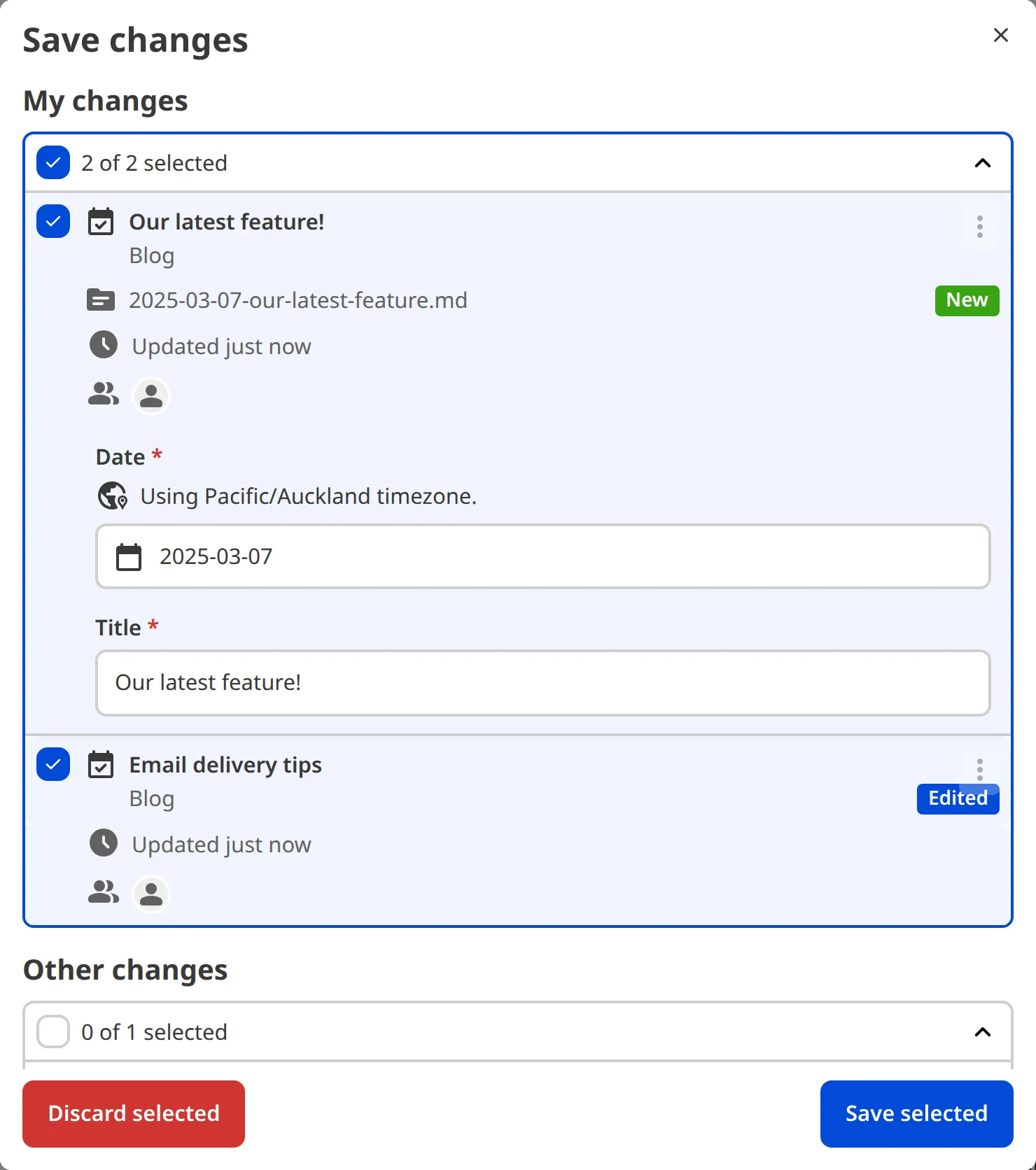 The Save Changes modal with required inputs to save the file.