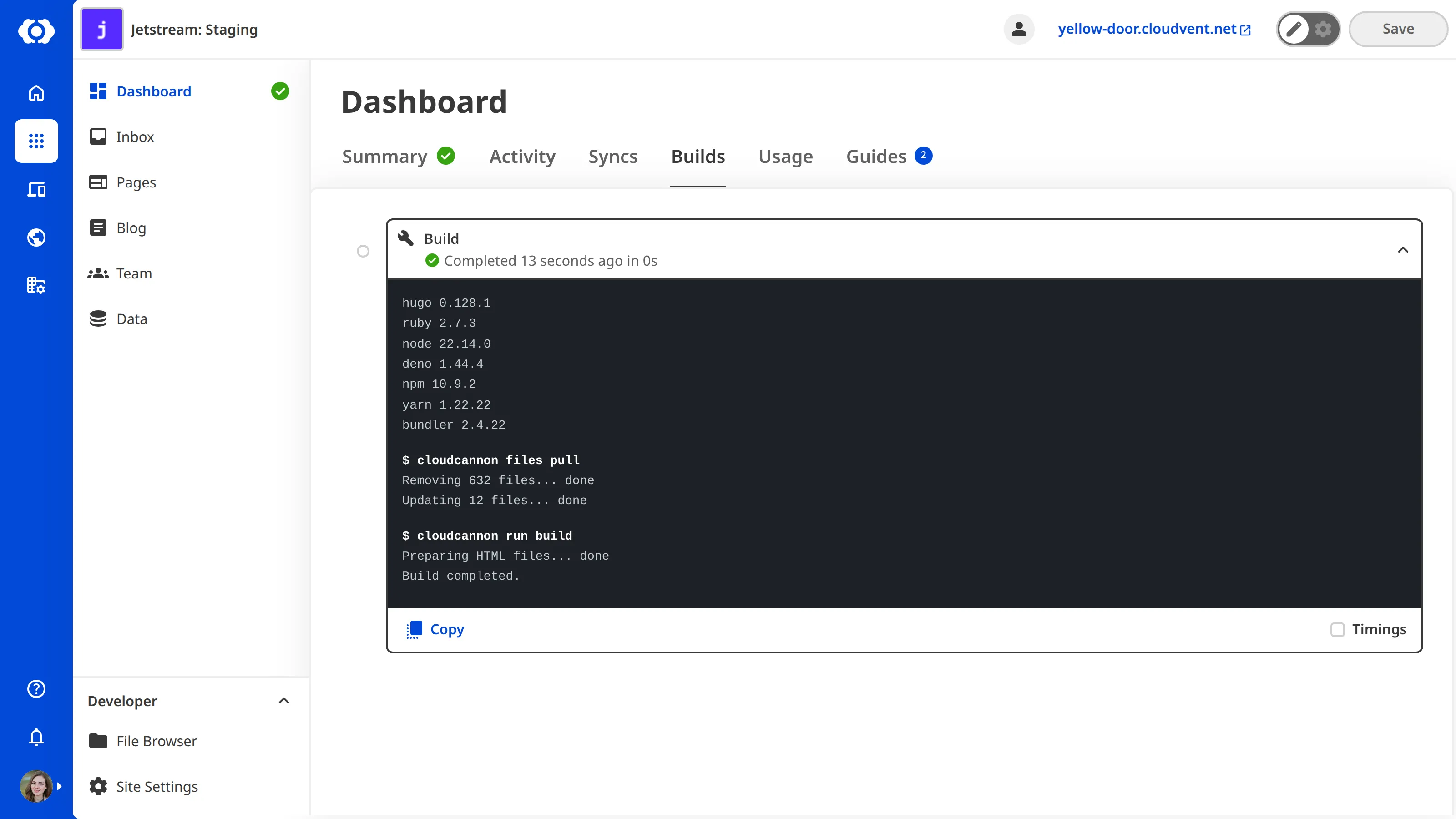 A screenshot of the Site Dashboard Builds tab shows that the first build of a Site is running.
