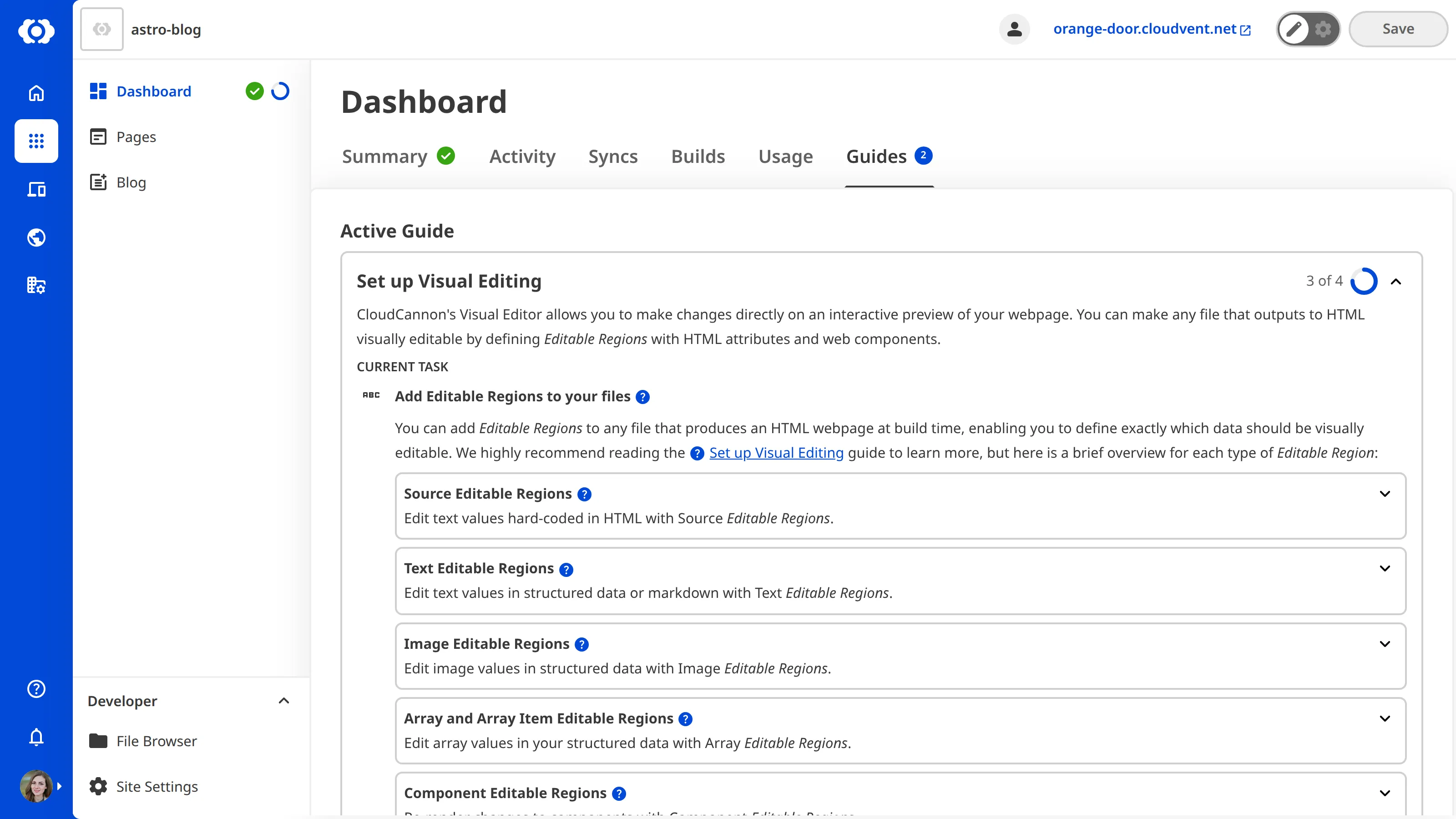 A screenshot of the Guides tab on the Site Dashboard shows that the active in-app guide is Set up Visual Editing.