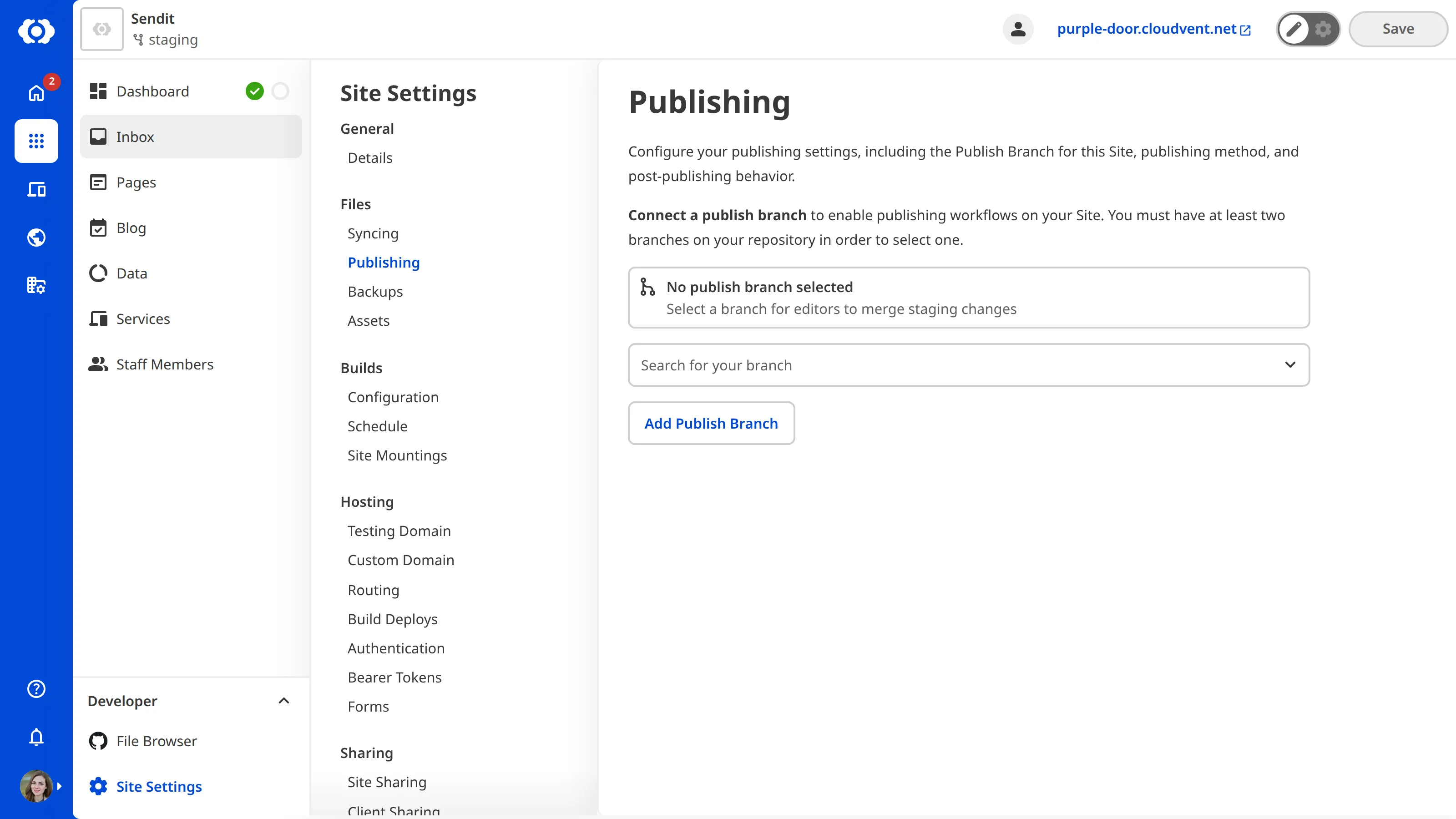 A screenshot of the Publishing page shows the empty state with a search field and button to add a Publish Branch.