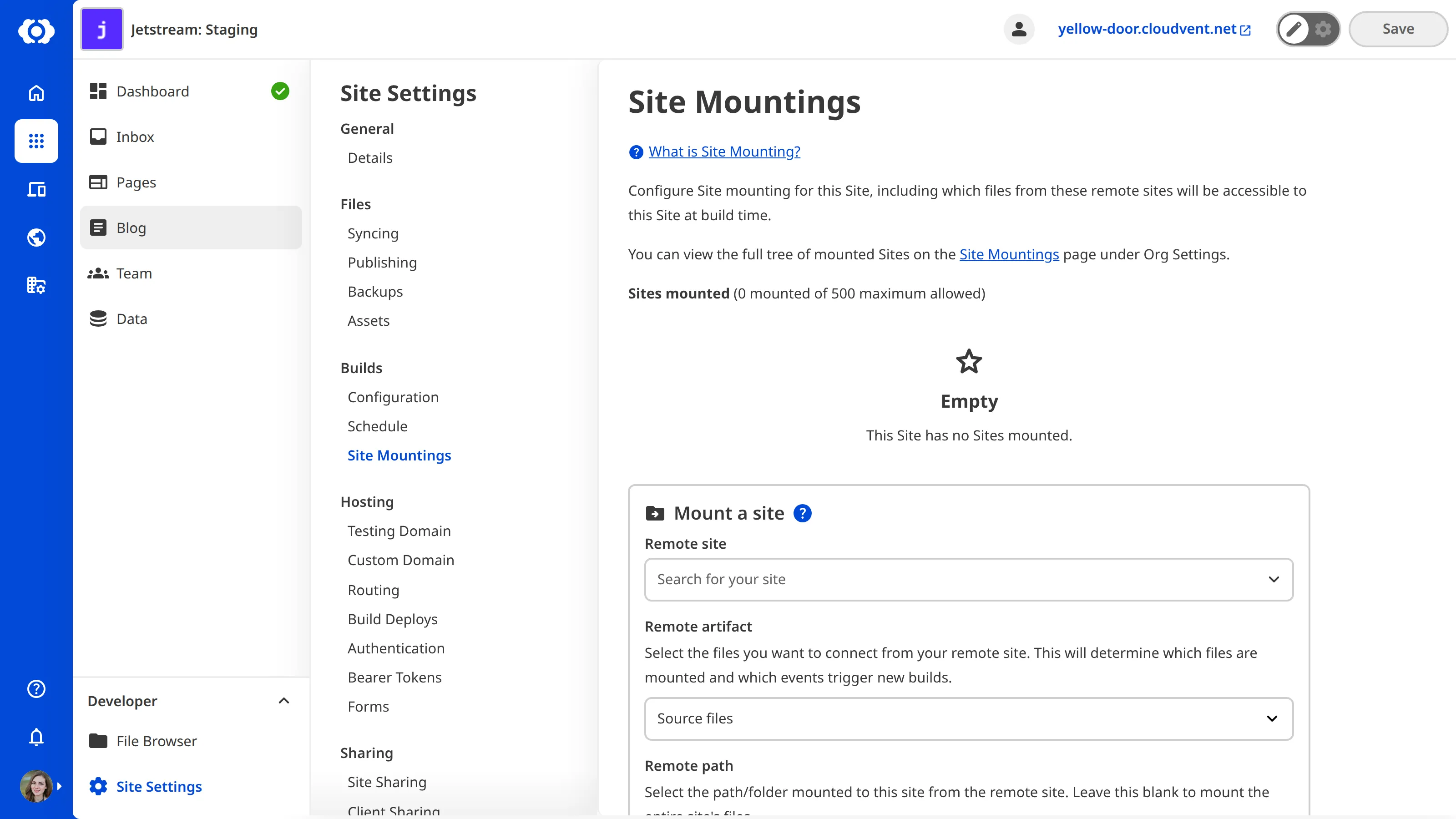The Site Mountings page shows an empty mounted sites list and a form to mount a new site with fields for Remote site, Remote artifact, Remote path, and Local path.