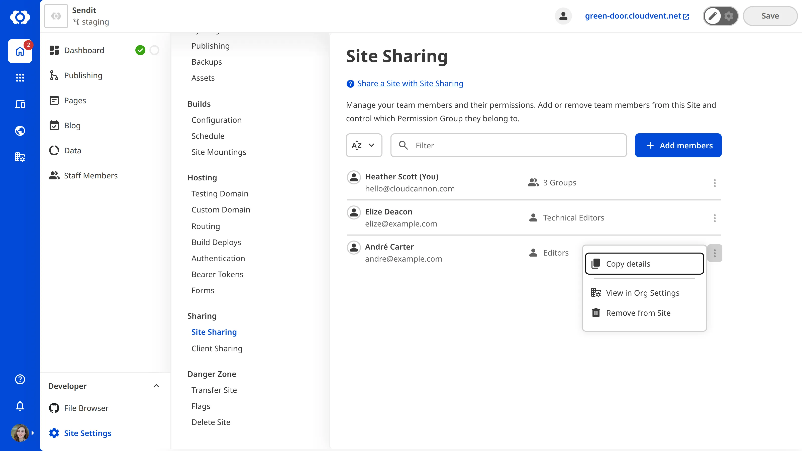 A screenshot of the Site Sharing page showing a team member's context menu open, displaying the Remove from Site option.