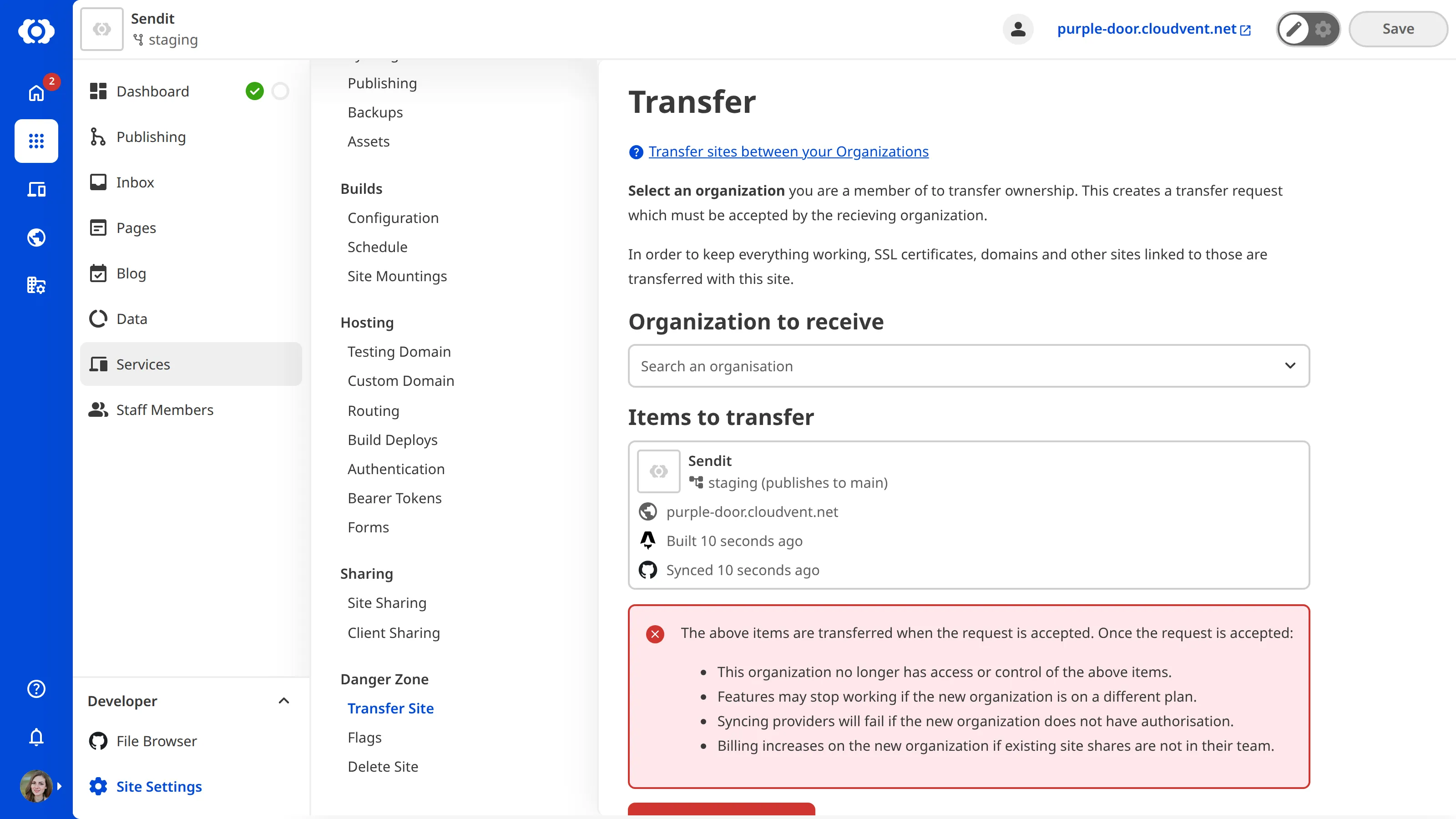 Screenshot of site transfer interface
