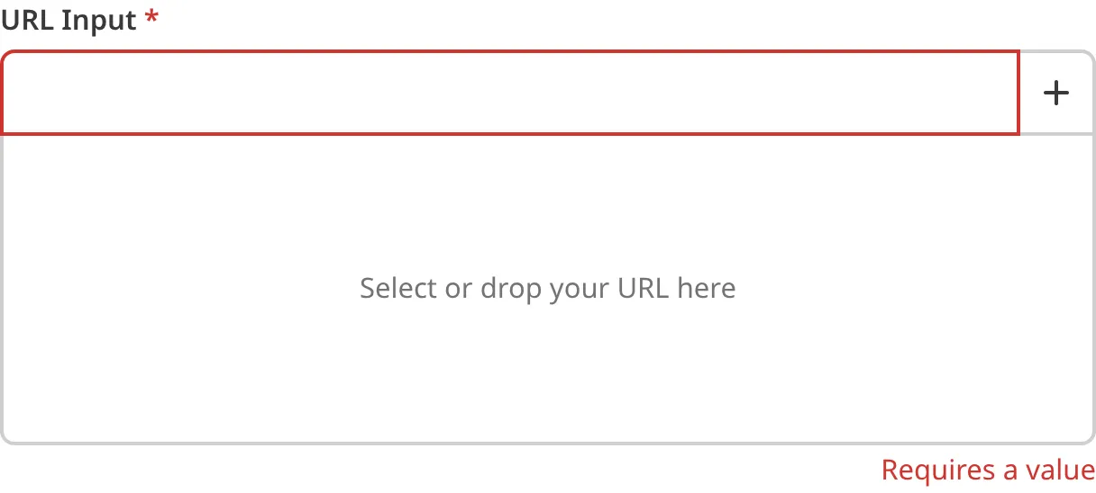 A screenshot of the URL input in the Data Editor shows that no value is causing an input validation error.