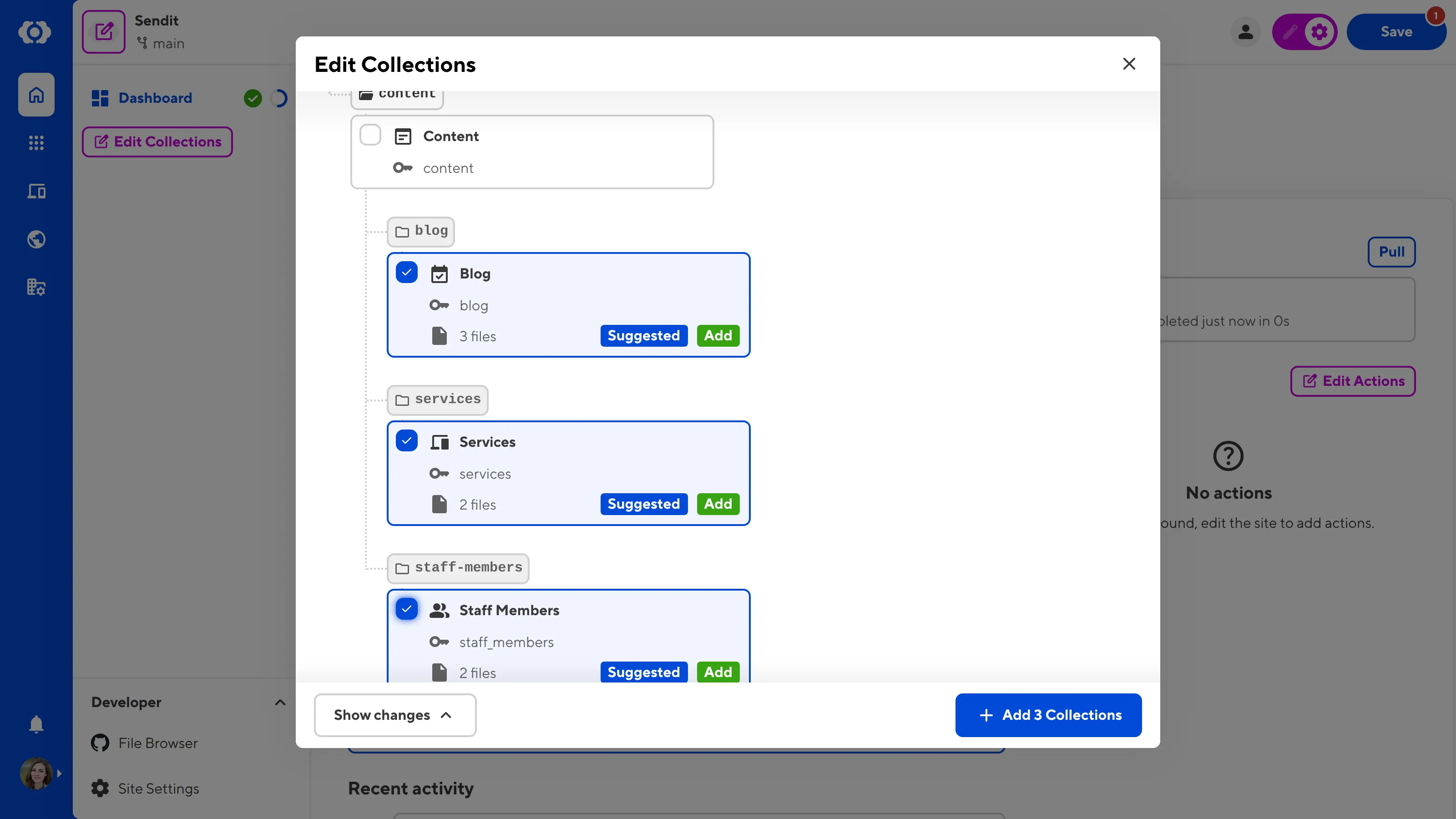 A screenshot of the Edit Collections modal shows that three Collections are selected.