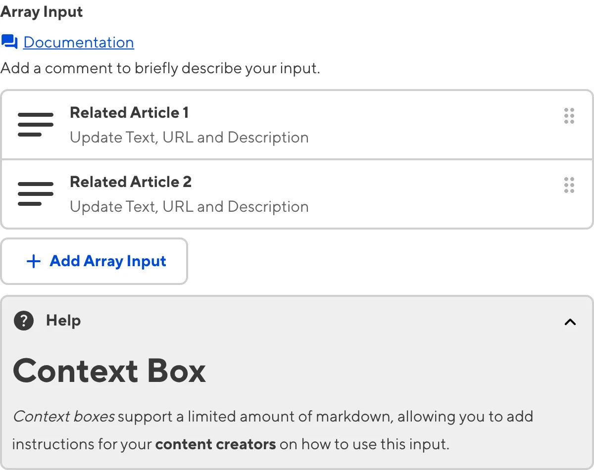 Array Input with Context Box A screenshot of the Array Input in the Data Editor with a Context Box underneath the text area.