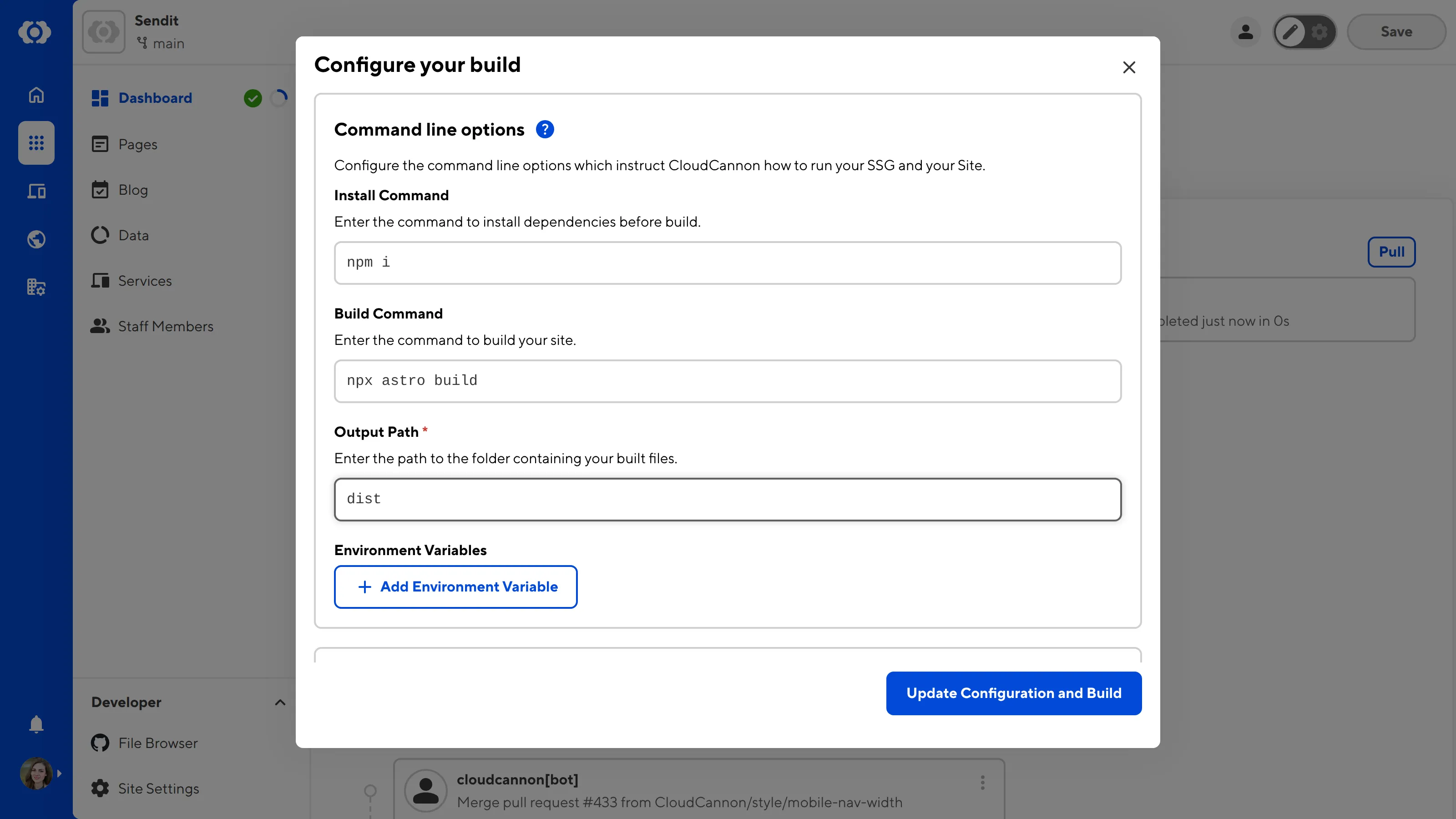 The Configure your build modal A screenshot of the Configure your build modal shows the command line options.