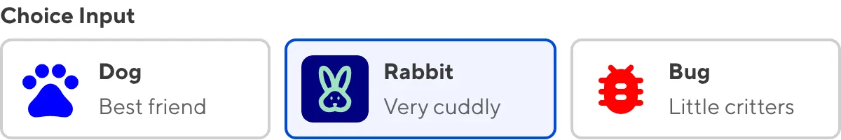 A screenshot of the Choice Input in the Data Editor shows an icon, icon color, and subtext.