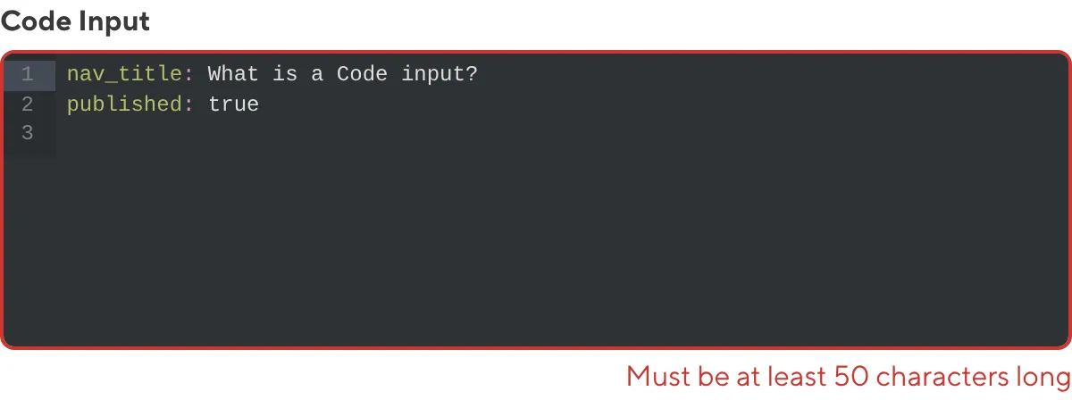 A screenshot of the Code Input in the Data Editor shows an error message as the value is too few characters.
