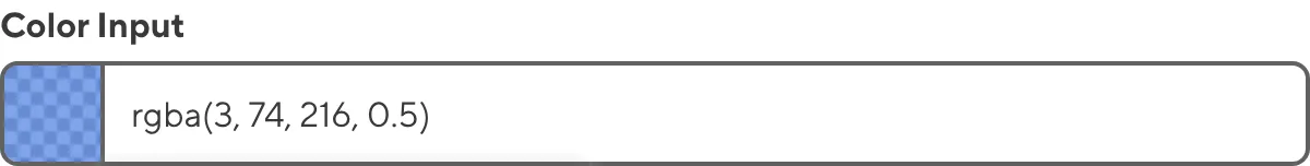 A screenshot of the Color input in the Data Editor shows a RGBA value in the text field.