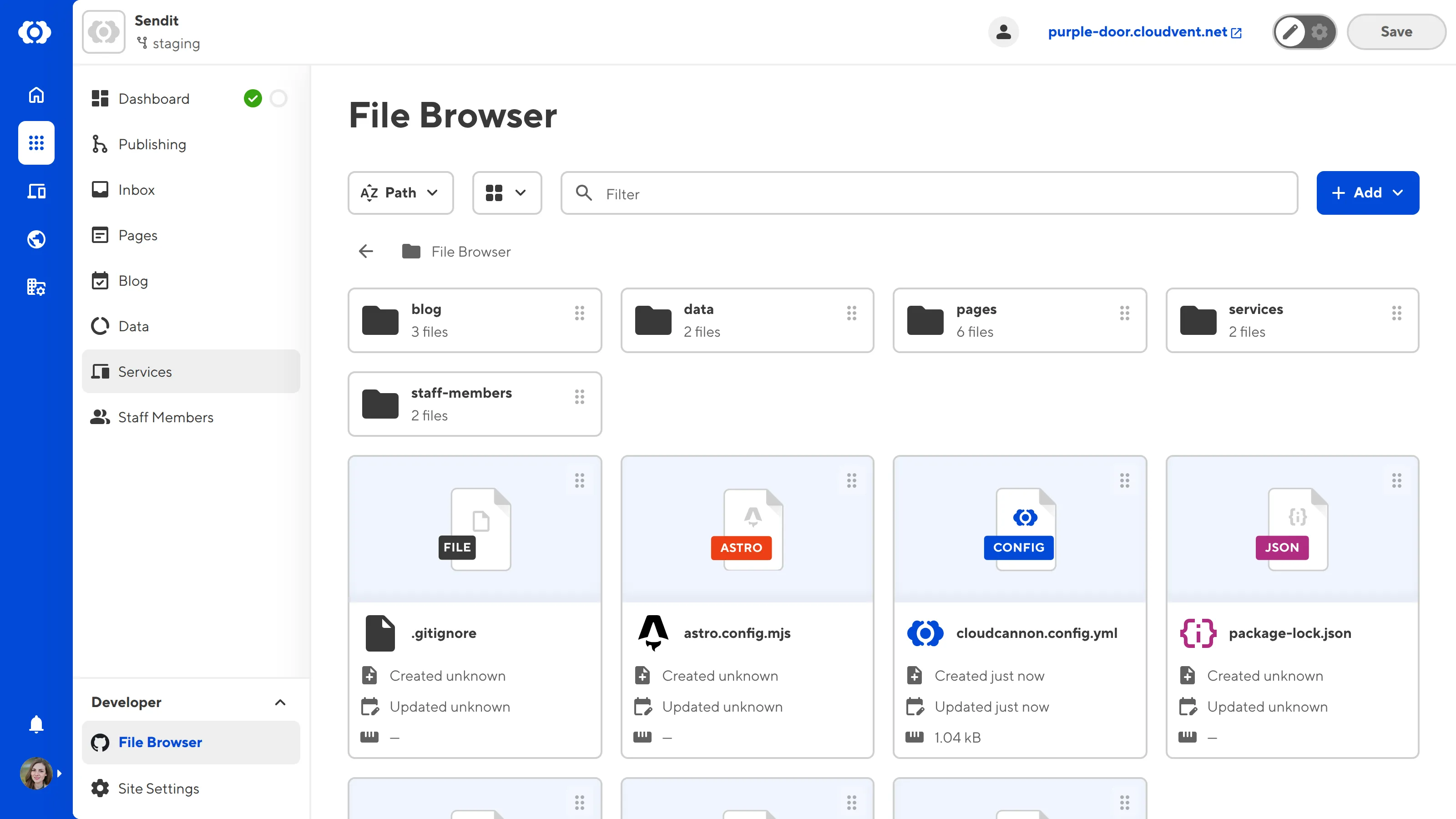 A screenshot of the File browser shows several Site files, sort and view dropdowns, the file filter, and the + Add button.