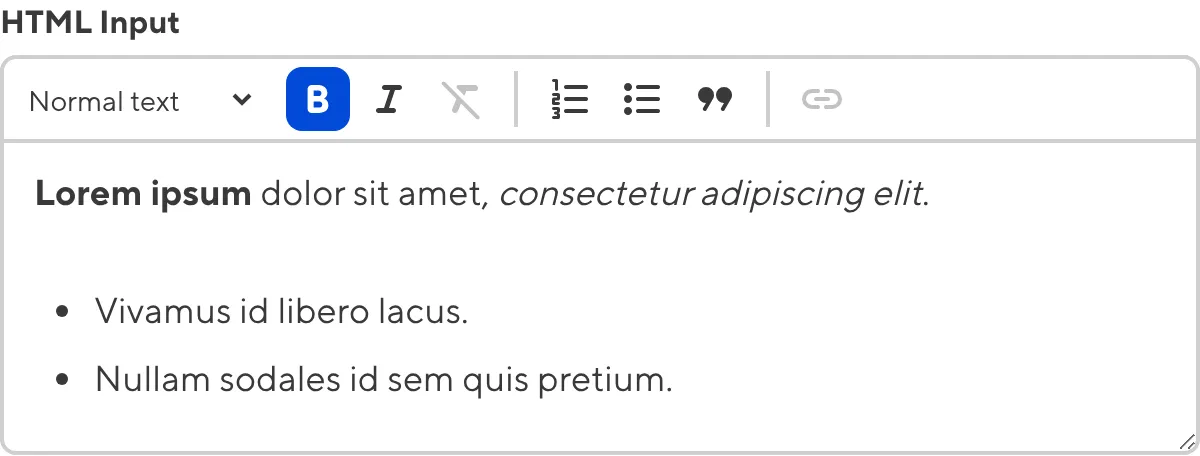 A screenshot of the HTML input in the Data Editor shows a text field and a WYSIWYG toolbar.