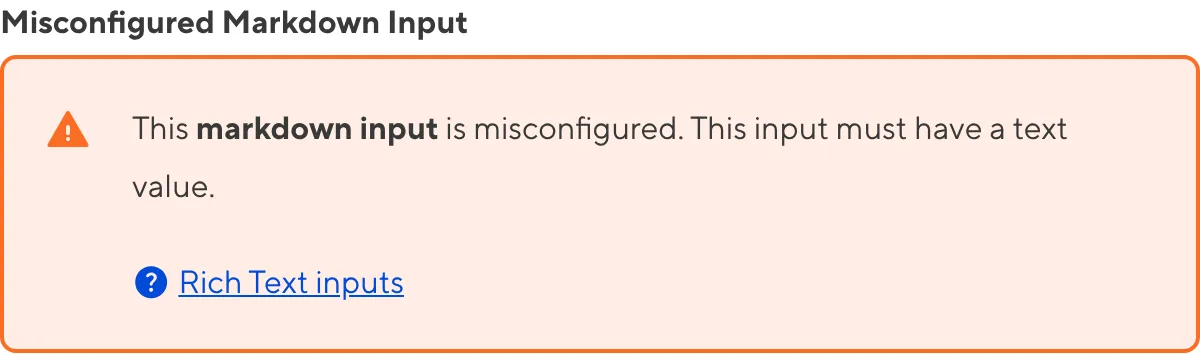 A screenshot of a misconfigured Markdown input in the Data Editor shows an orange warning box.