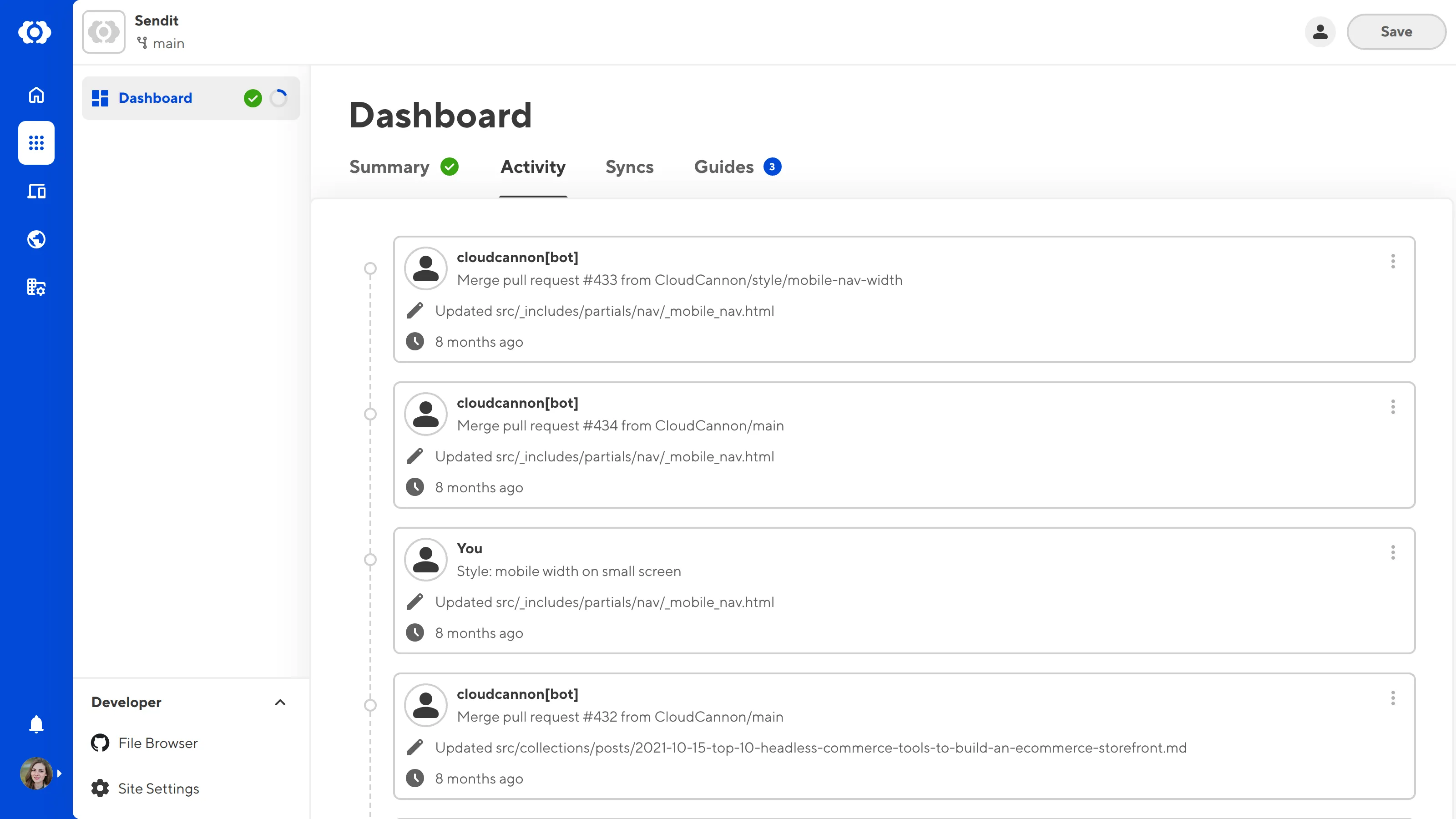 A screenshot of the Activity tab on the Site Dashboard shows two activity item.