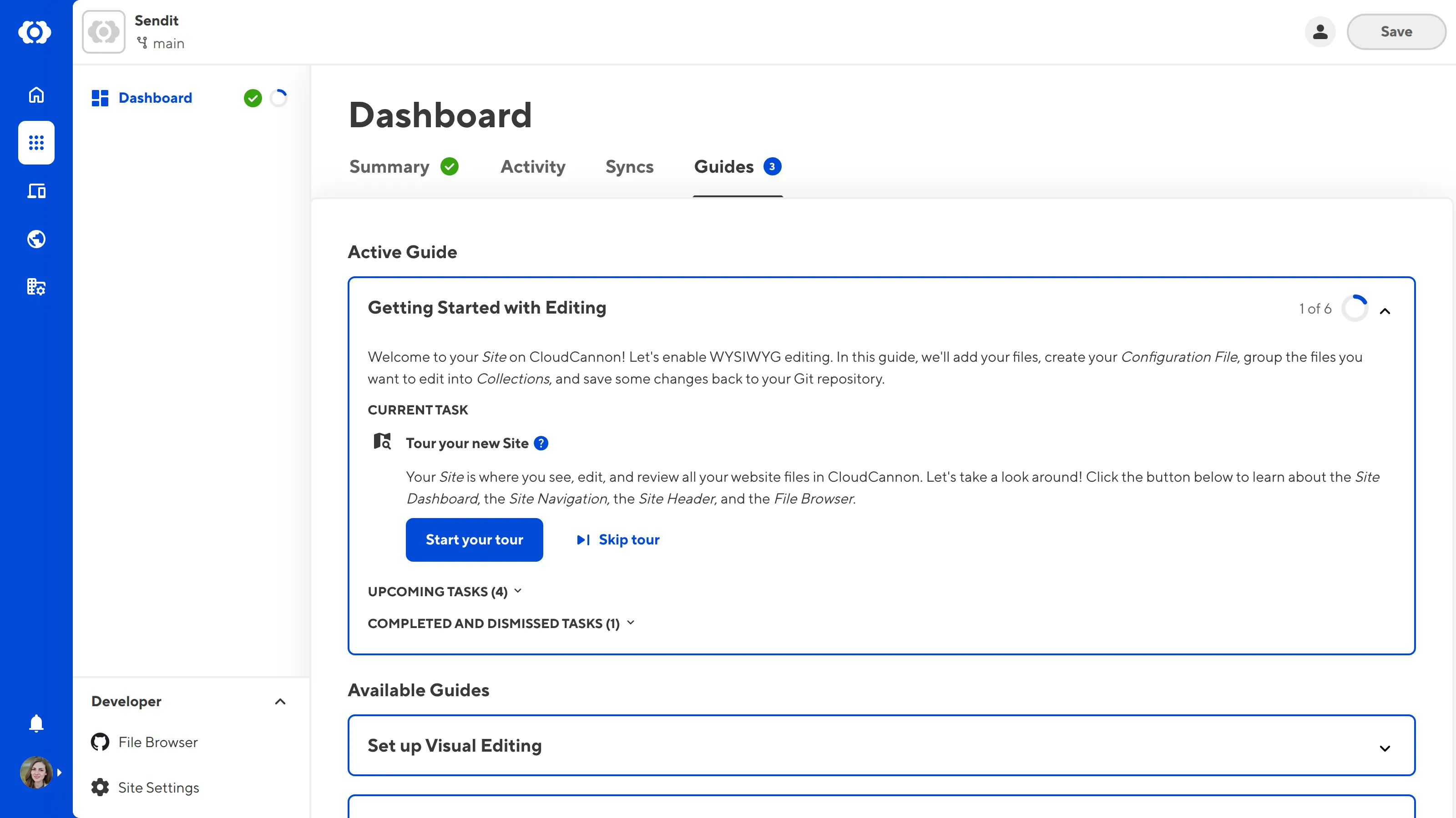 A screenshot of the Guides tab on the Site Dashboard shows one active guide and several other available guides.