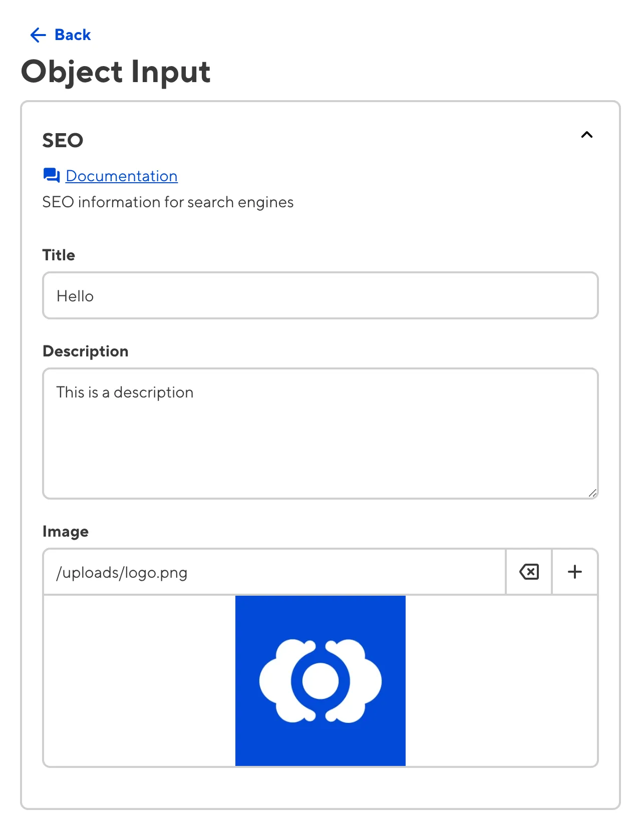 A screenshot of the nested content within an Object Input in the Data Editor shows groups, heading, documentation links, and comments.