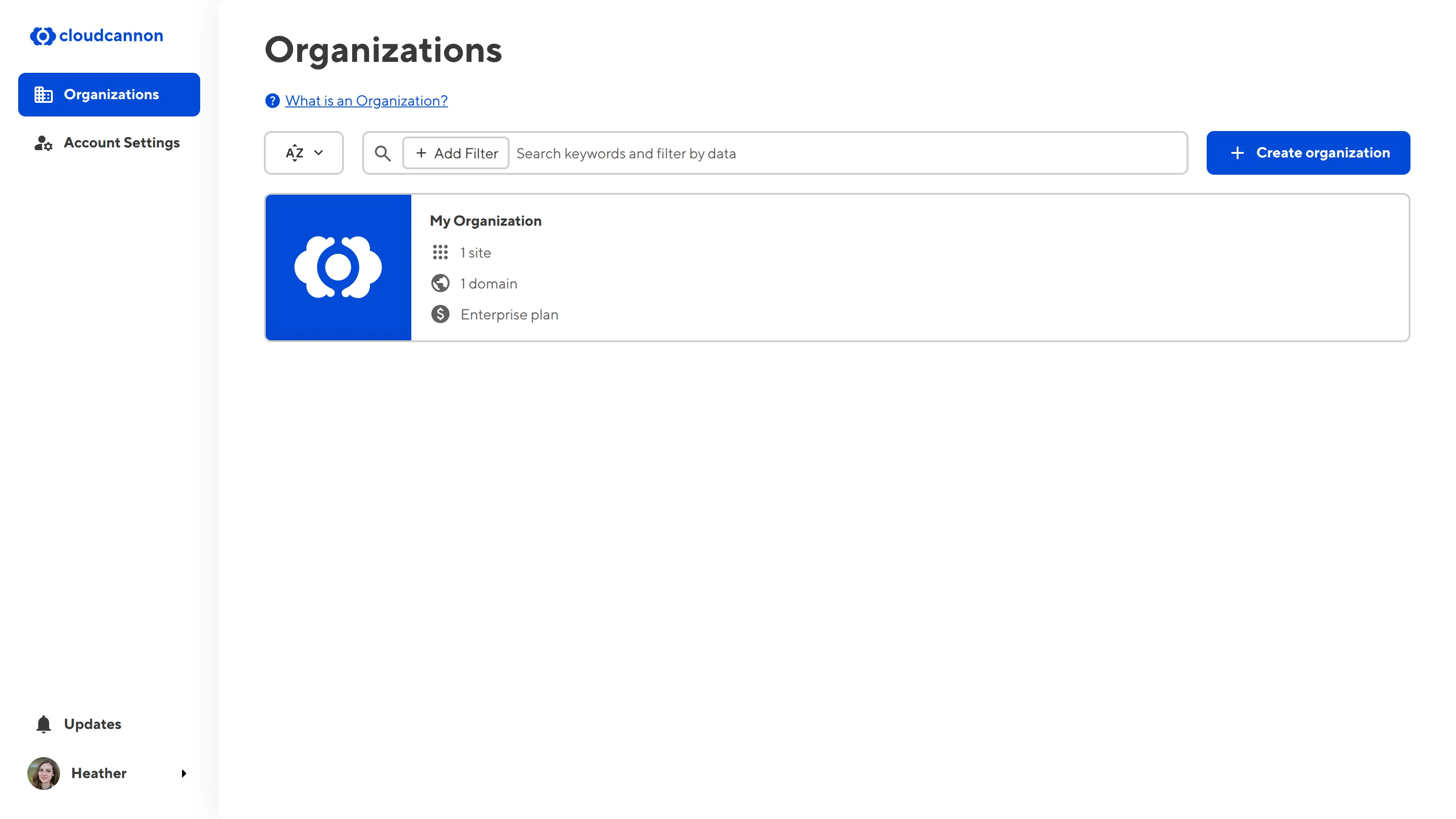 A screenshot of the Organization Browser shows the Create organization button on the right of the Organization Browser Controls.