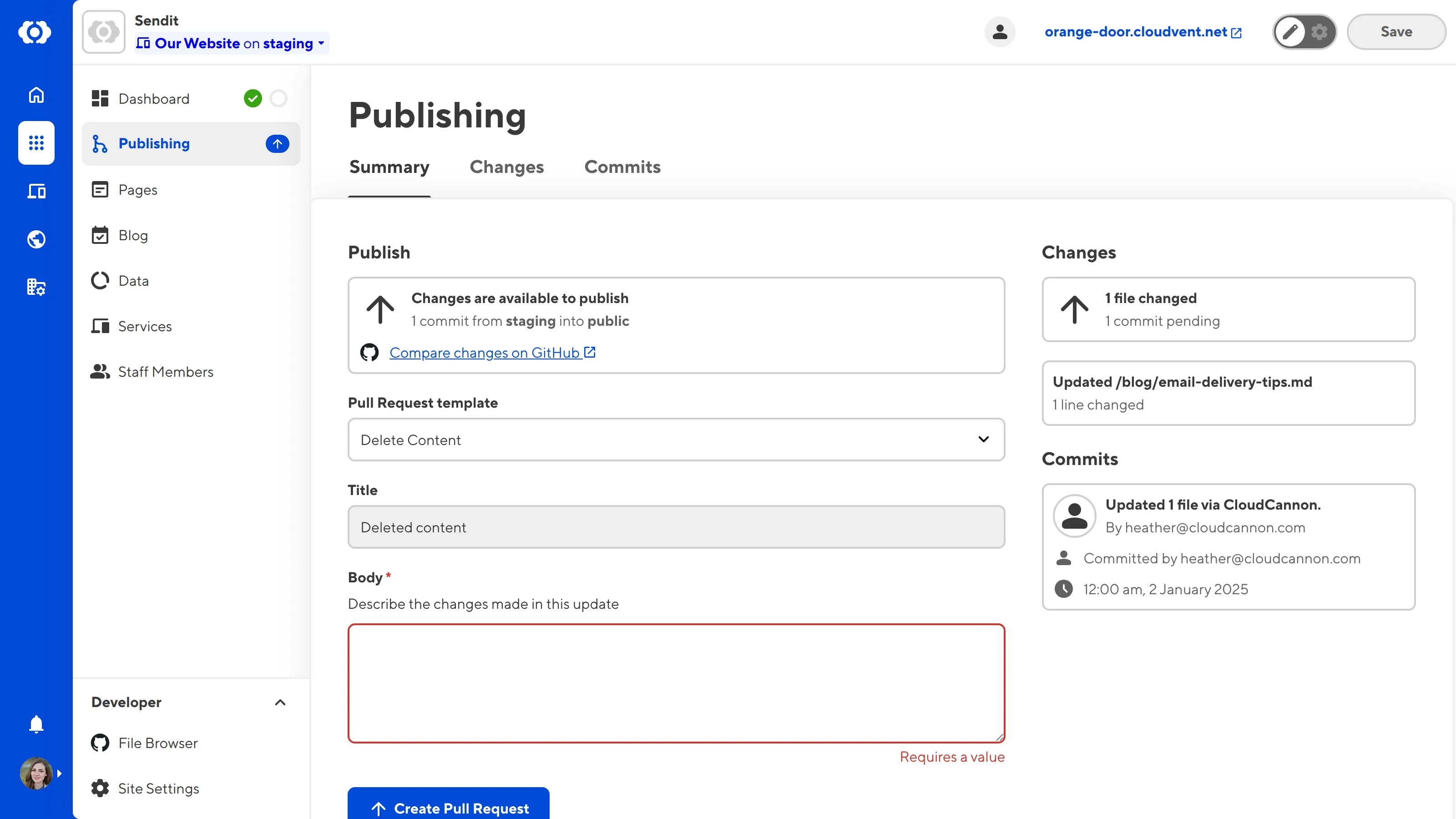 A screenshot of the Publishing Page shows fields for Title and Body, and the Create Pull Request Button.