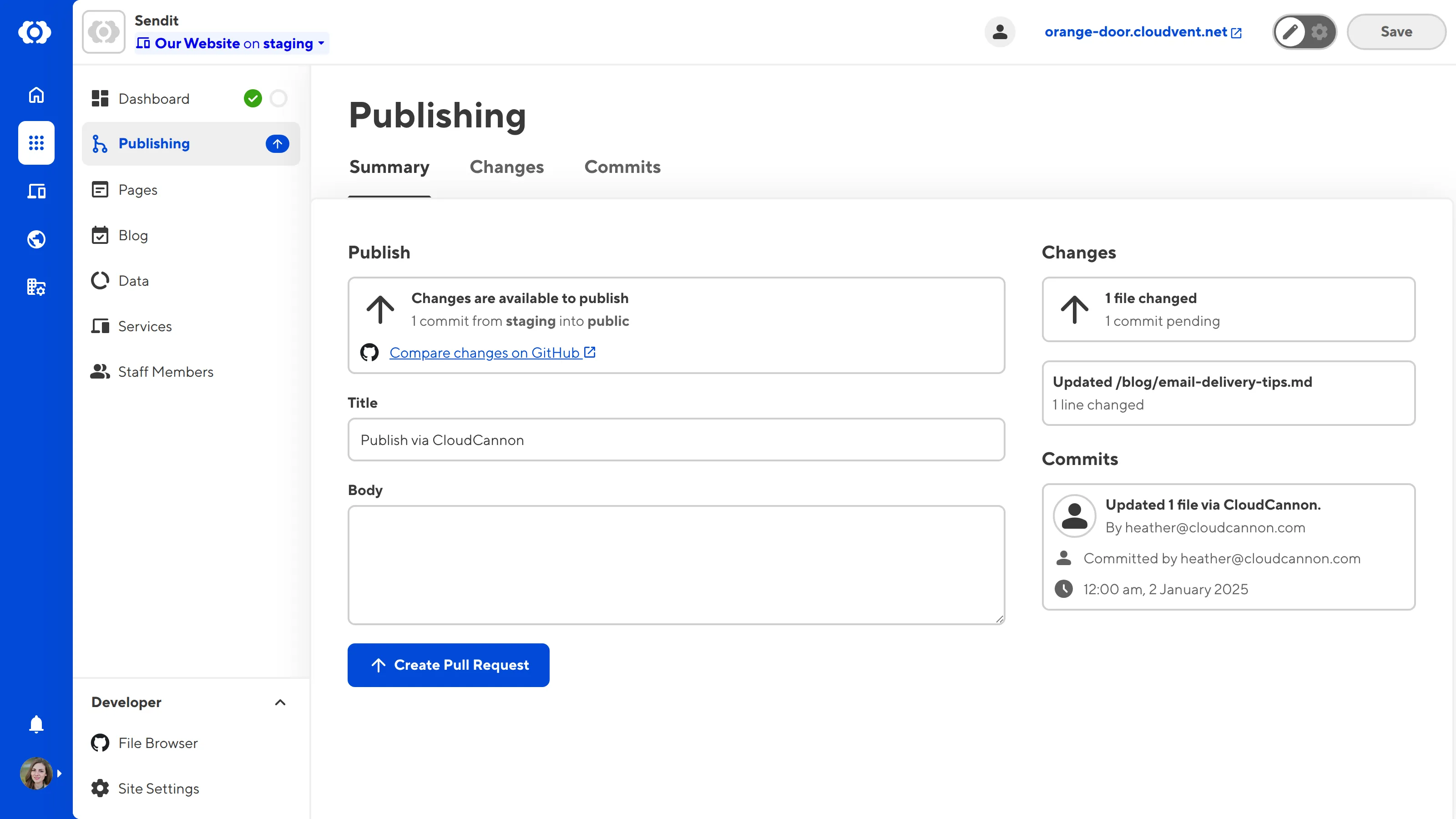 A screenshot of the Publishing Page shows fields for Title and Body, and the Create Pull Request Button.