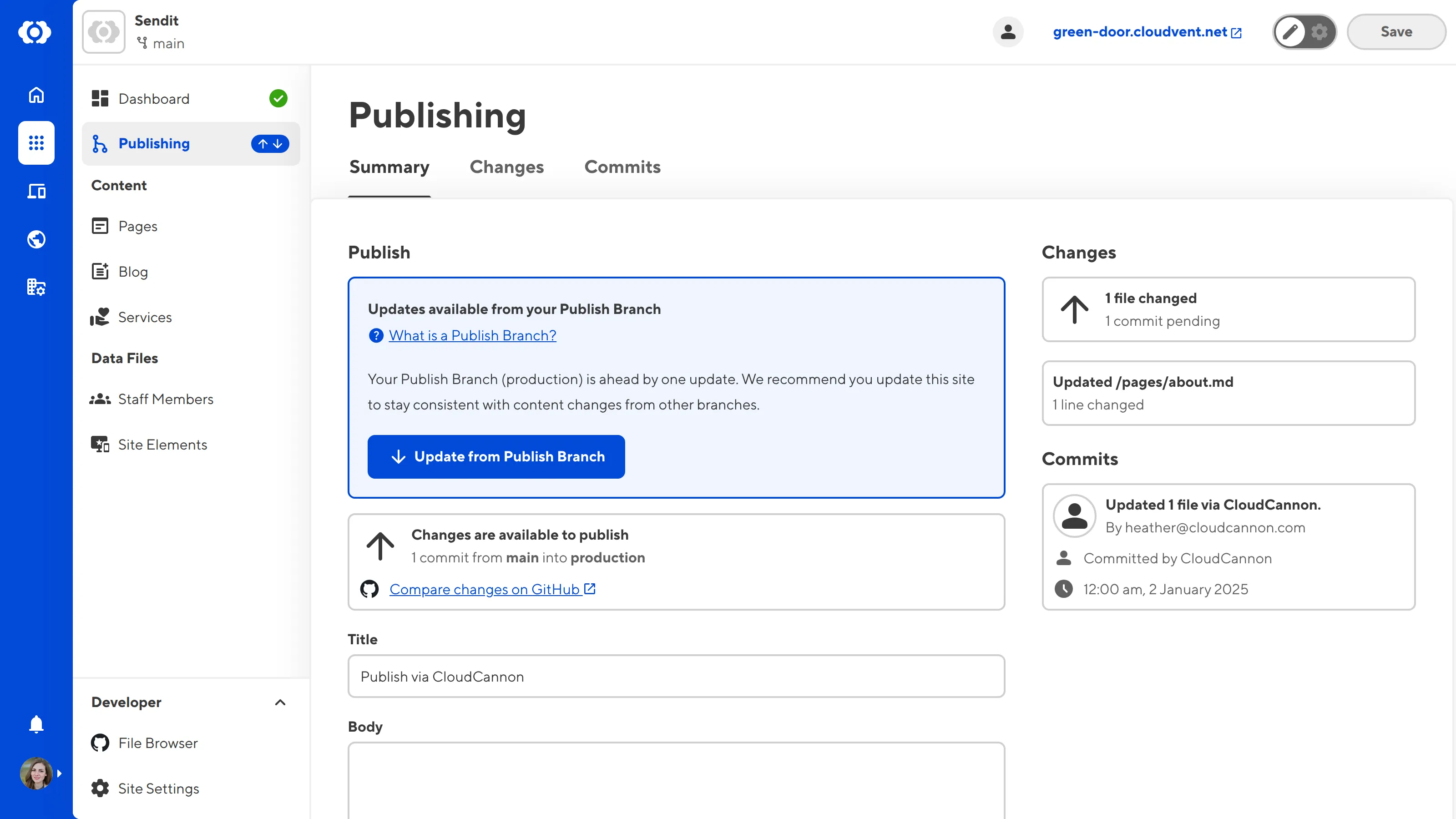 The Publishing page A screenshot of the Publishing page shows the Updates available from your Publish Branch notification and the Update this site button.