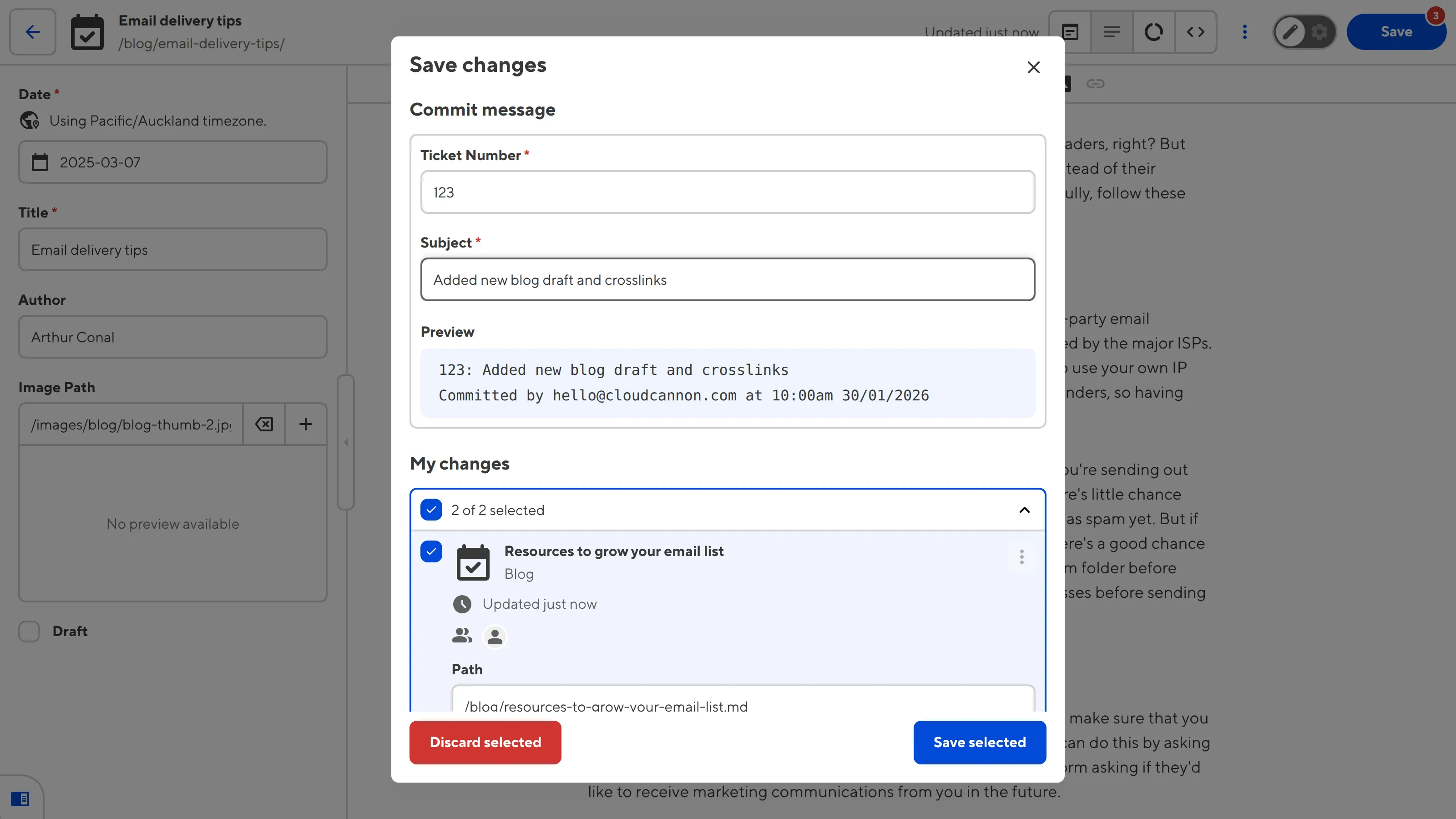 A screenshot of the Save Changes modal shows a Commit Message with fields for ticket number and subject.