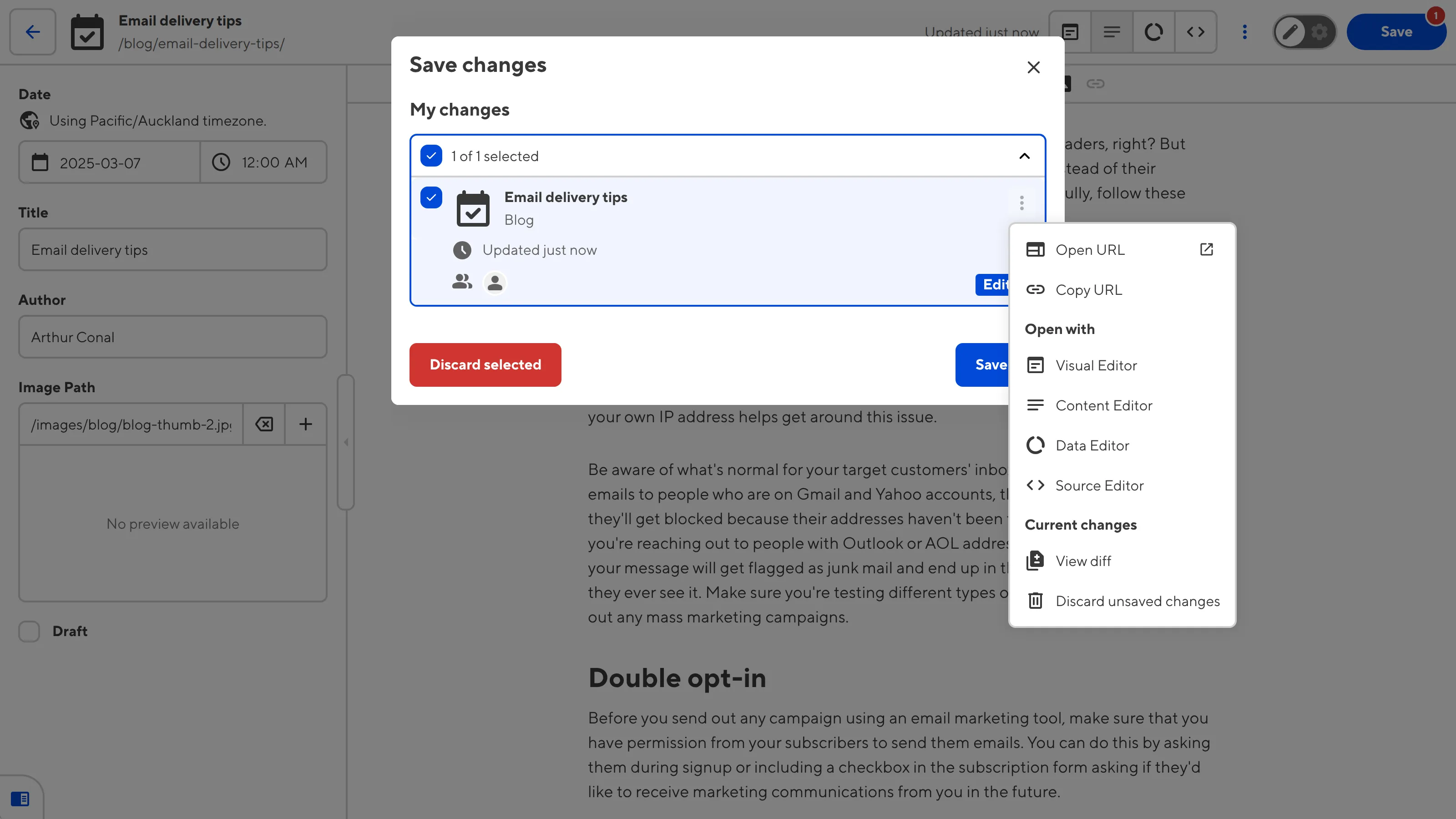 The Save Changes modal A screenshot of the Save Changes modal shows unsaved changes from multiple people and an open Context Menu with file actions.