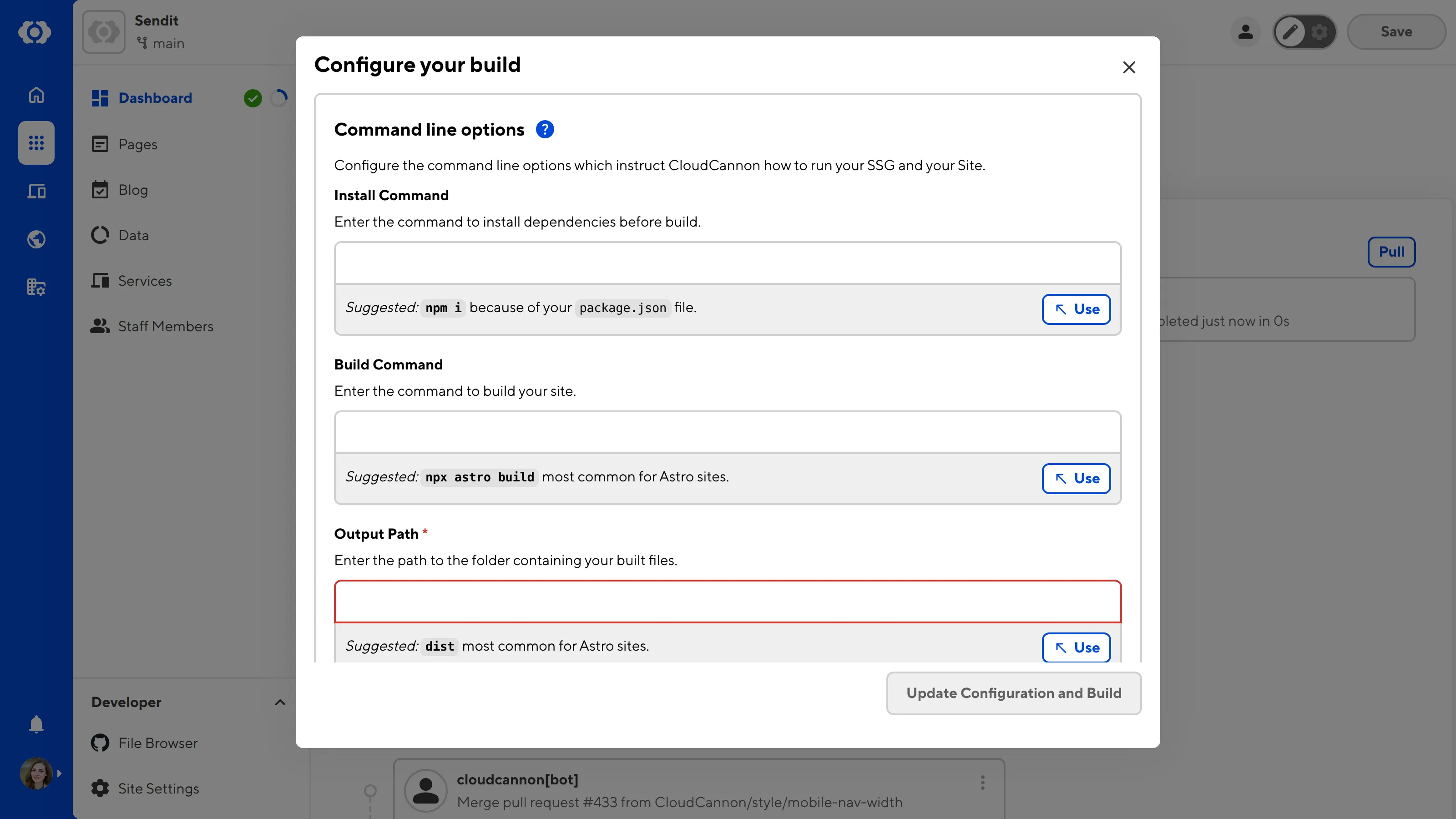 A screenshot of the Configure your build modal shows gray boxes containing CloudCannon's suggestions for your command line options.