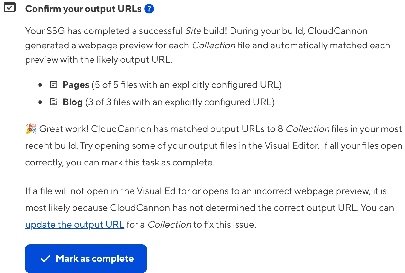 A screenshot of the Confirm your output files task shows two collections with eight output files.