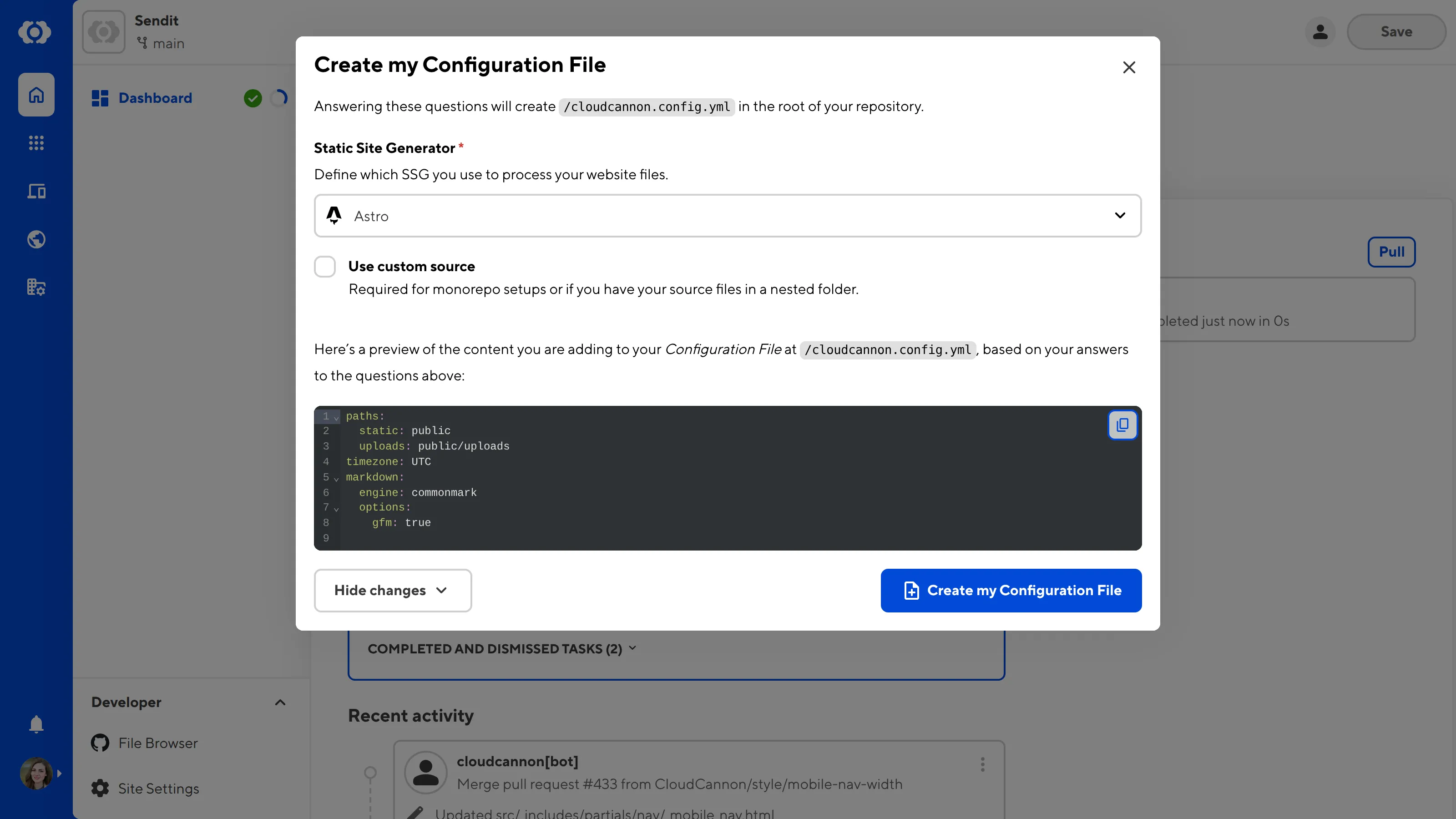 A screenshot of the Create my Configuration File modal shows the initial content CloudCannon will add to your Configuration File.