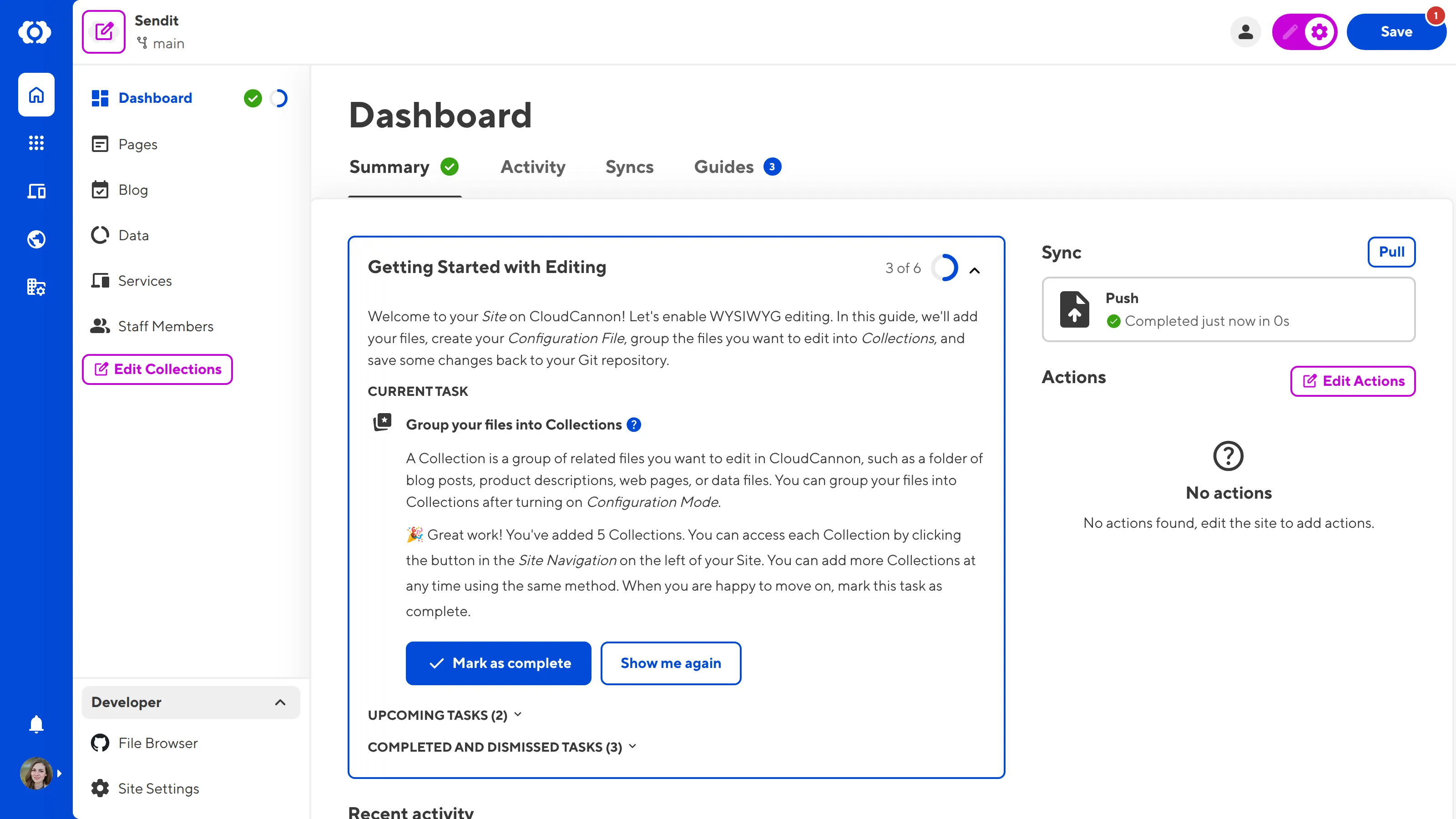 A screenshot of the Site Dashboard shows several Collections in the Site Navigation above the Edit Collections button.