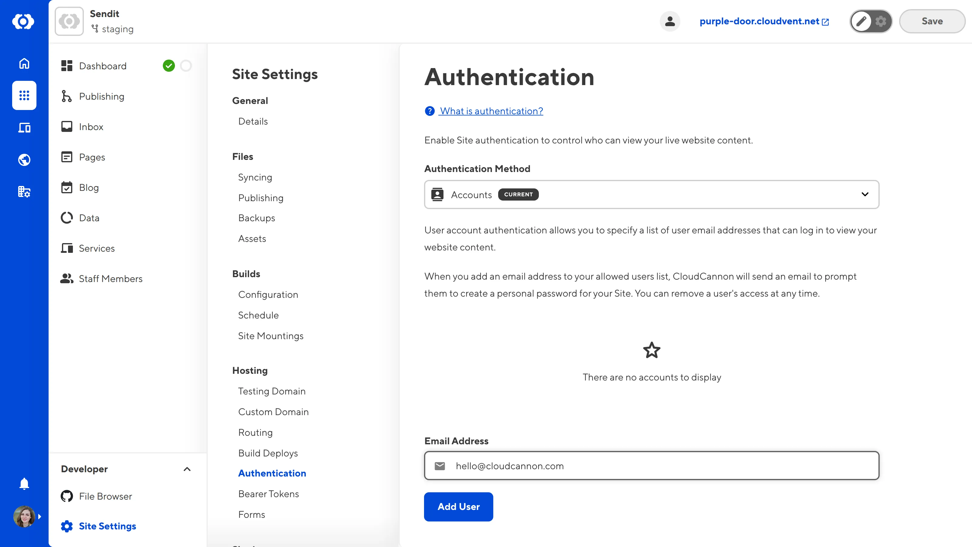 A screenshot of the Authentication page shows a text field where you can enter the email address of the person you want to invite.
