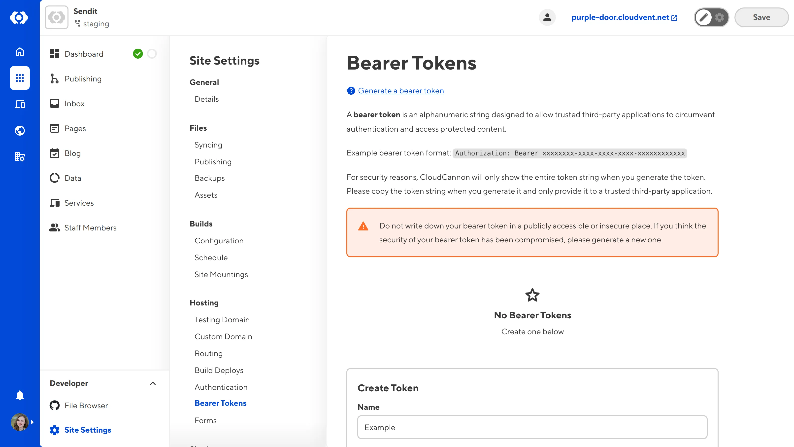 A screenshot of the Bearer Token page under Site Settings shows the Name text field and the Generate Bearer Token button.