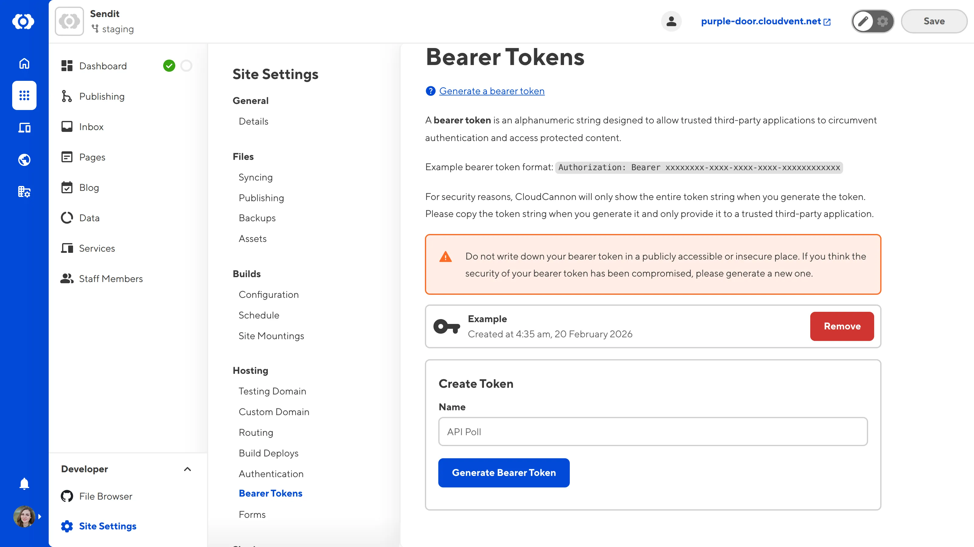 A screenshot of the Bearer Token page under Site Settings shows one bearer token has been generated for this Site.