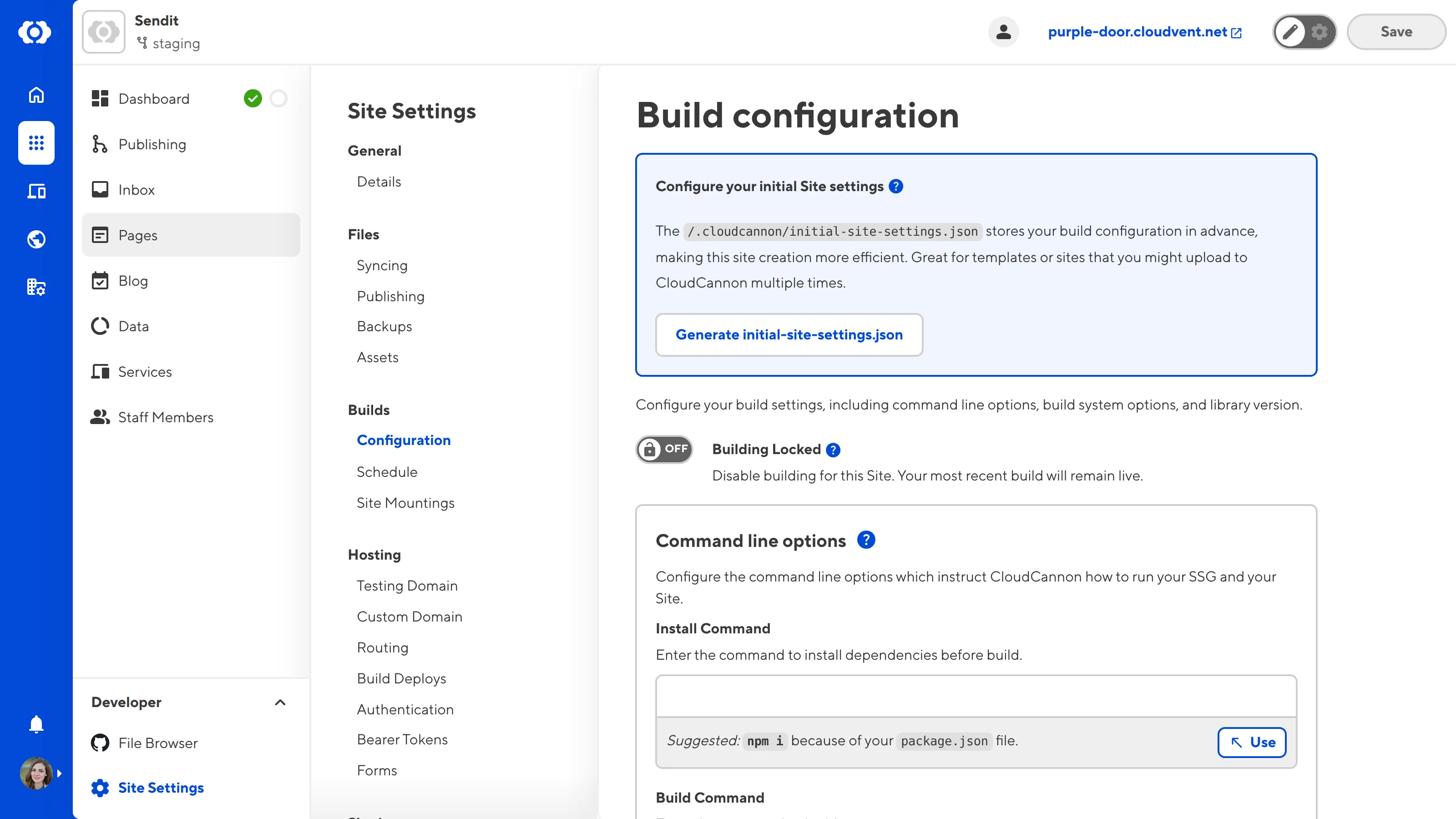 A screenshot of the Build Configuration page shows blue boxes containing CloudCannon's suggestions for your command line options.