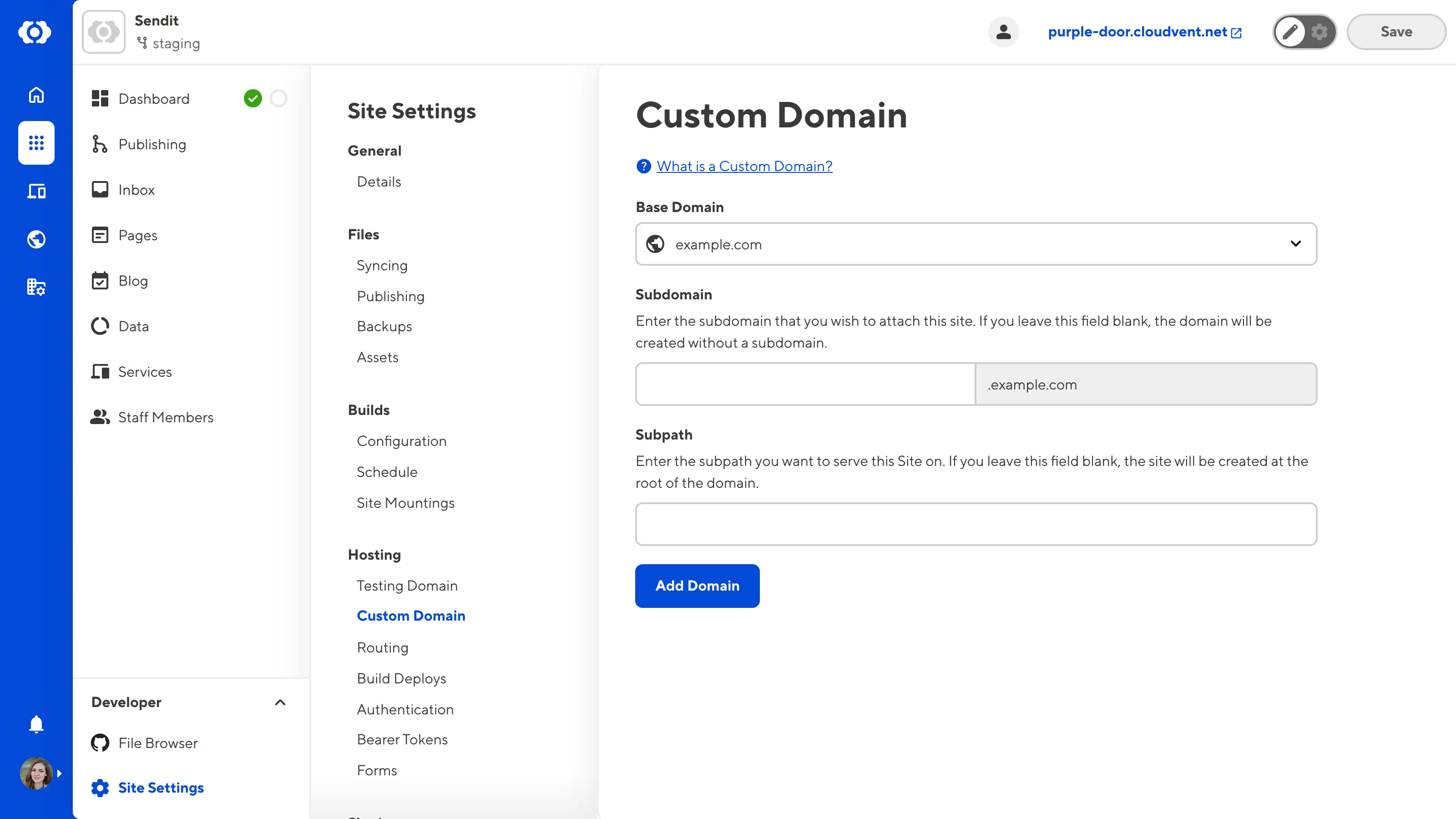 A screenshot of the Custom Domain page under Site Settings shows the Base Domain dropdown and two text fields for Subdomain and Subpath.
