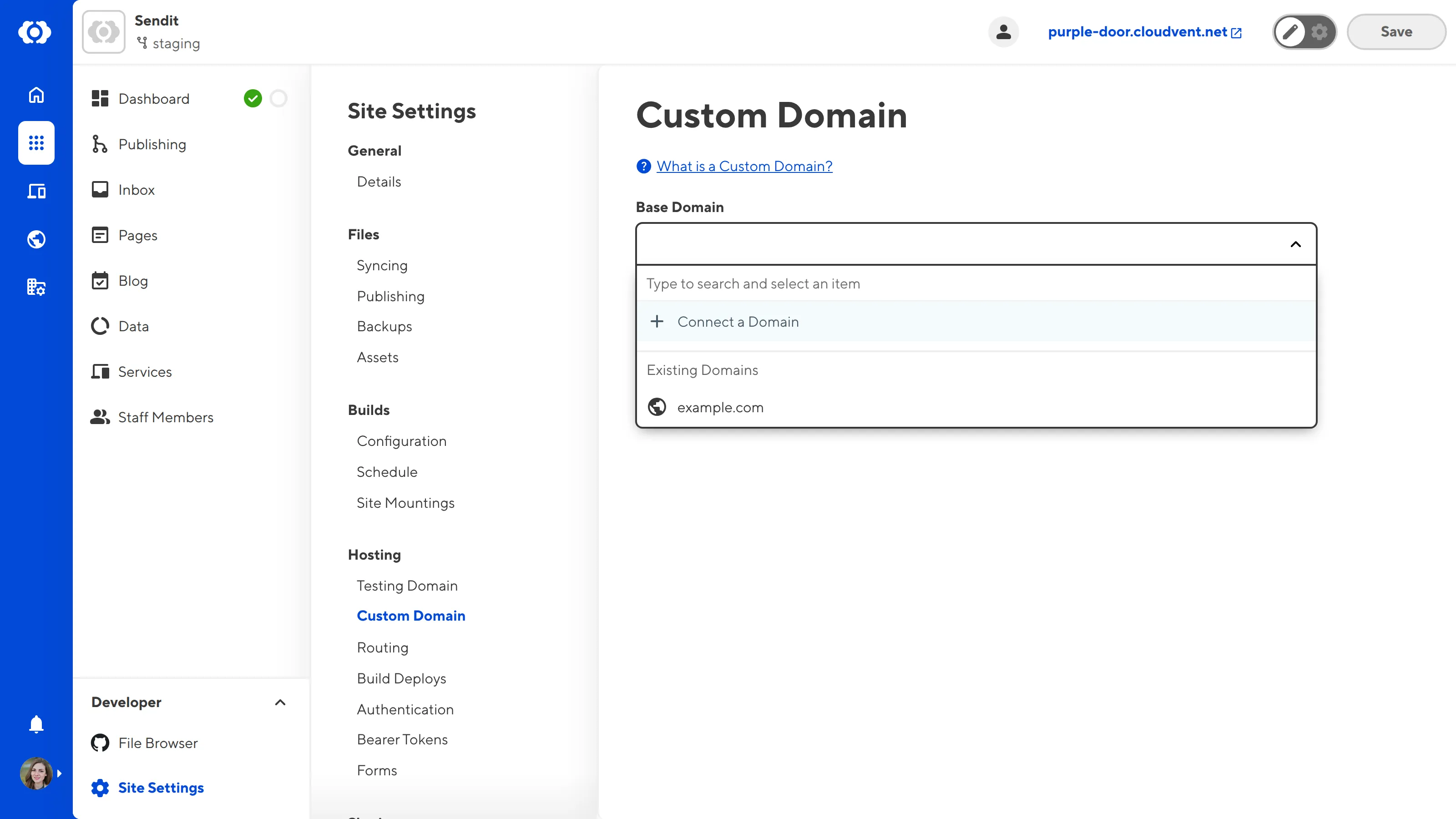 A screenshot of the Custom Domains page under Site Settings shows the Base Domain dropdown open with the option to Connect a Domain.