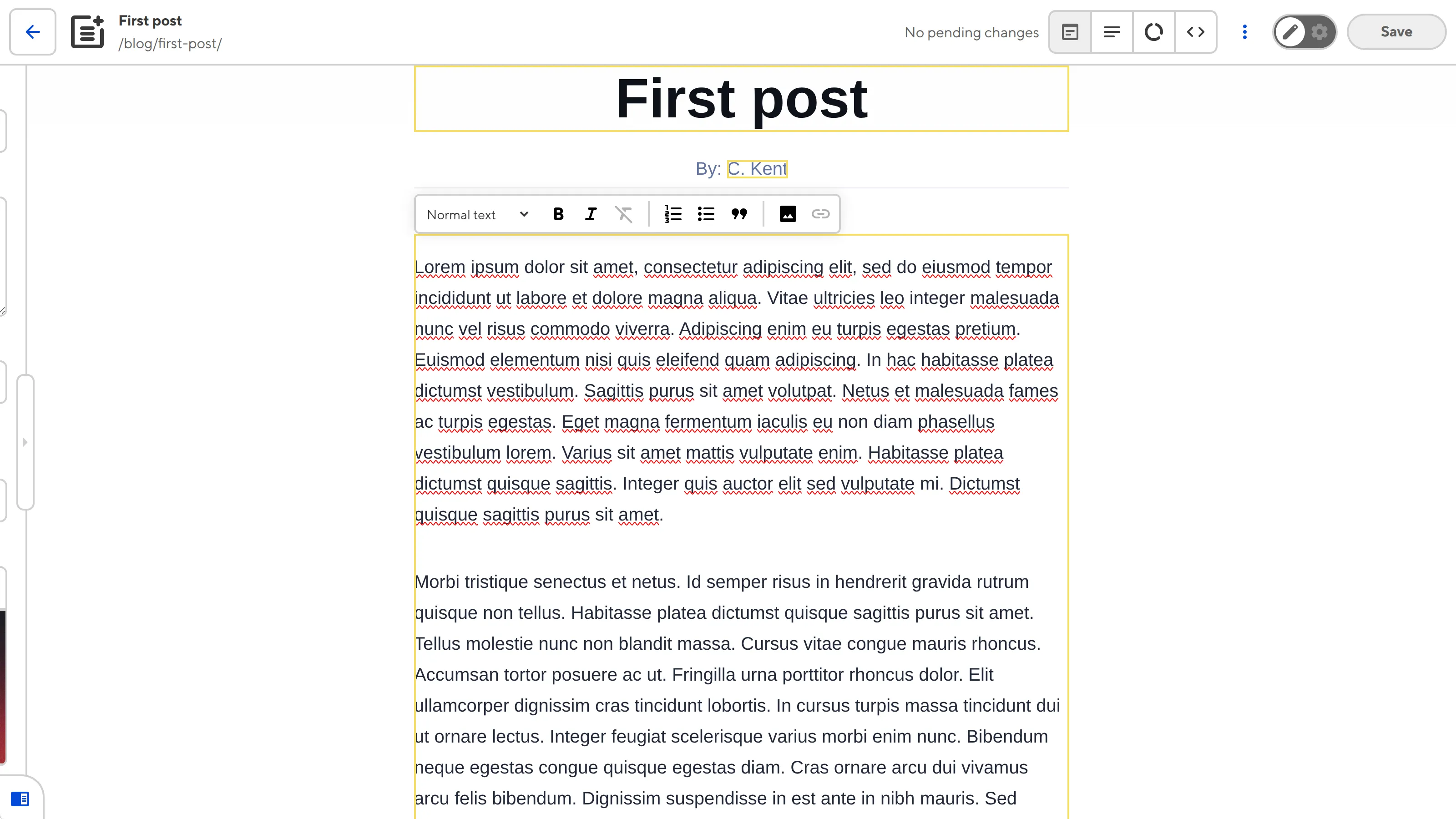 A Text Editable Region in the Visual Editor A screenshot of the Visual Editor shows a yellow Editable Regions box around the blog content and a WYSIWYG toolbar.