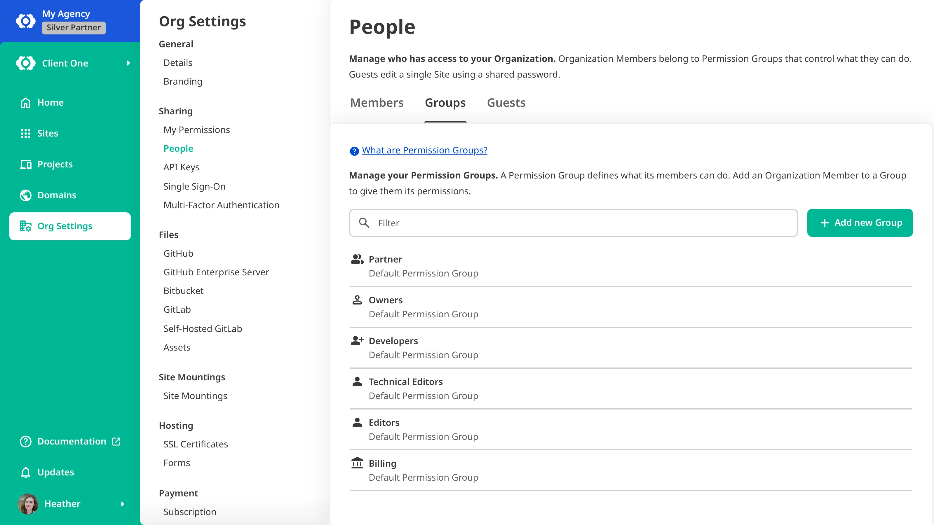 A screenshot of the Groups tab on the People page of a Client Organization shows the Partner group at the top of the list, above the Owners, Developers, Technical Editors, Editors, and Billing groups, each labeled a Default Permission Group.