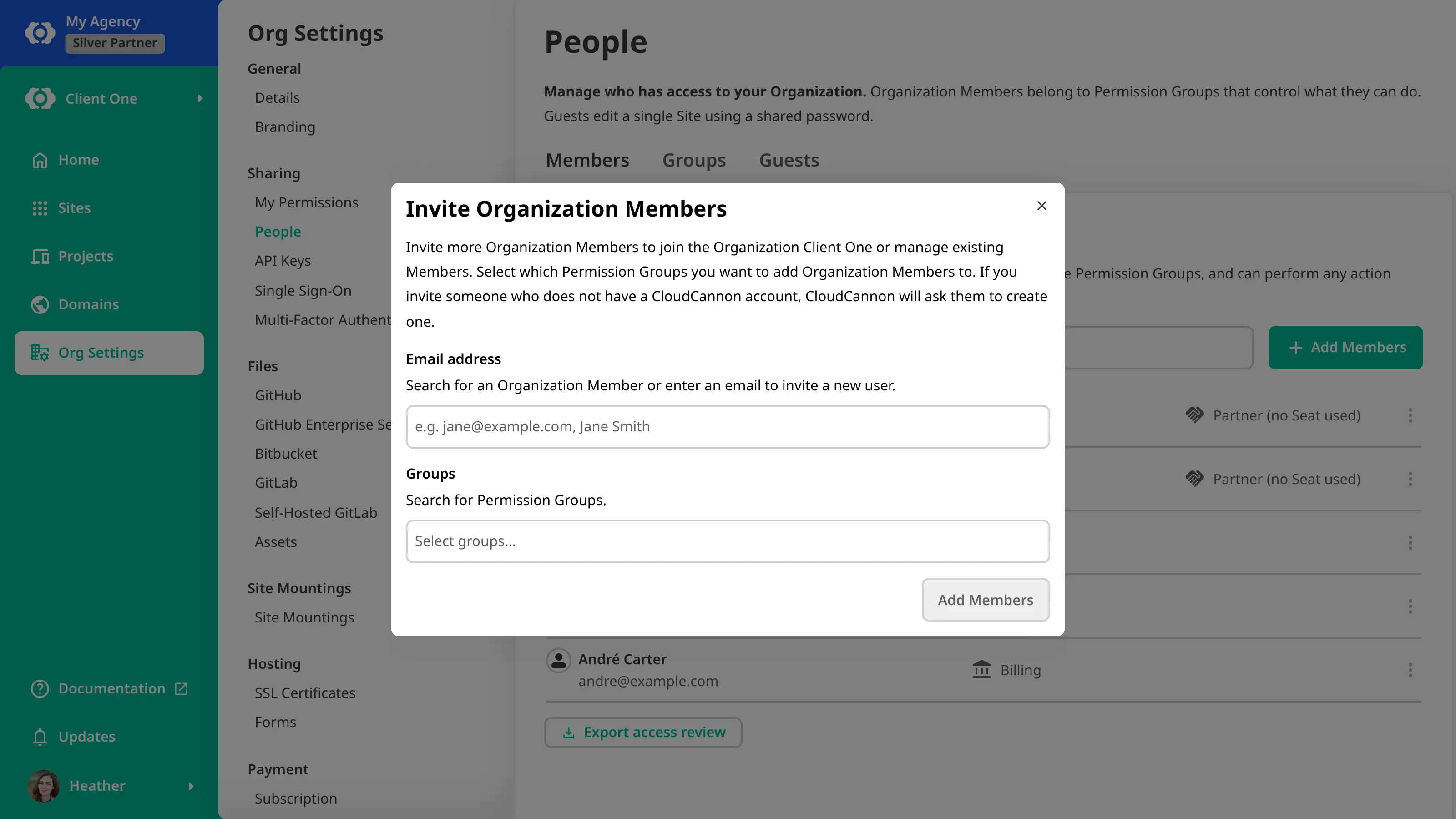 A screenshot of the Invite Organization Members modal in a Client Organization shows fields for an email address and Permission Groups, above the Add Members button.