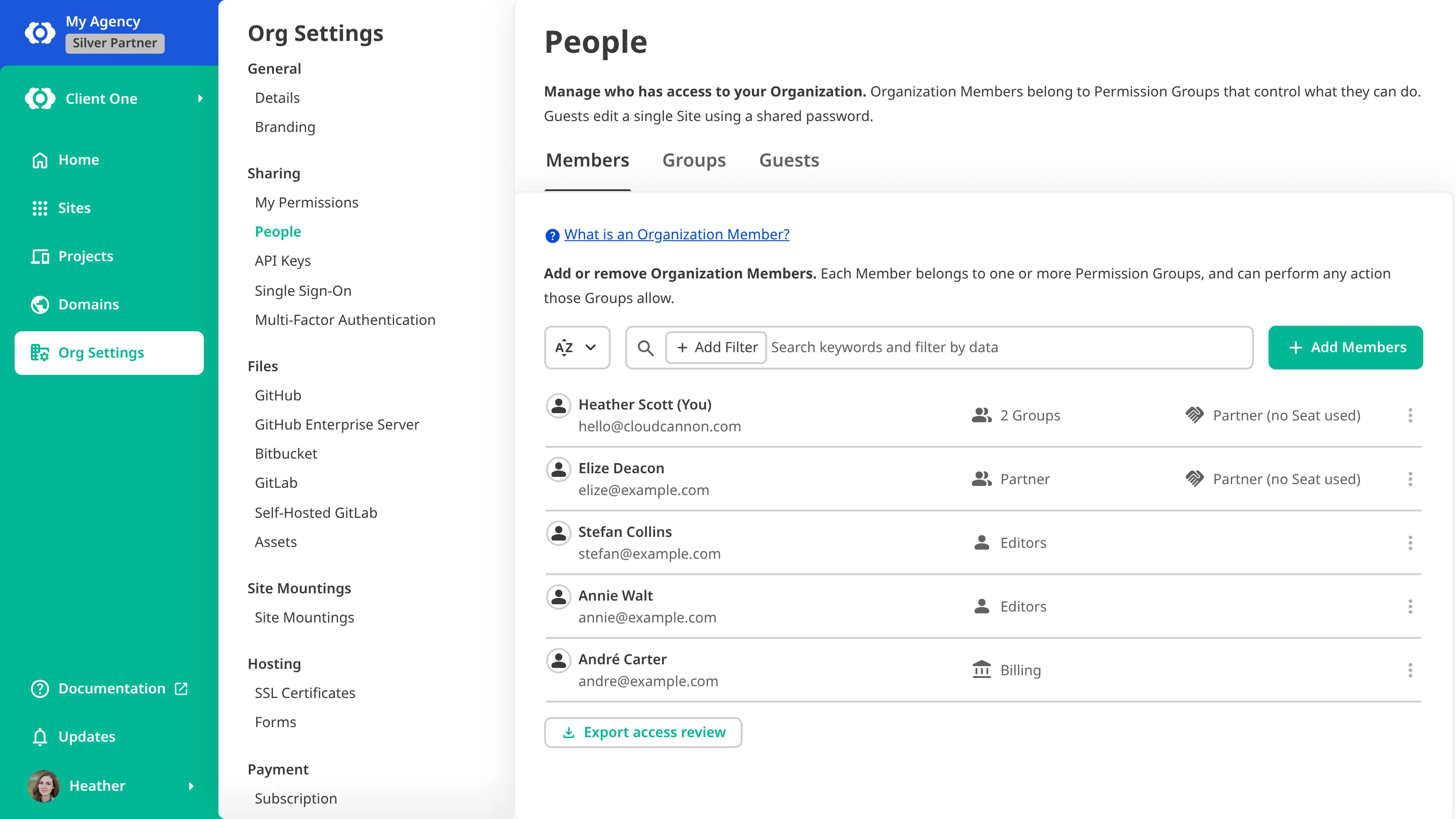 A screenshot of the Members tab on the People page of a Client Organization shows two members of the Partner Organization labeled Partner (no Seat used), alongside the client's own Organization Members in the Editors and Billing Permission Groups.