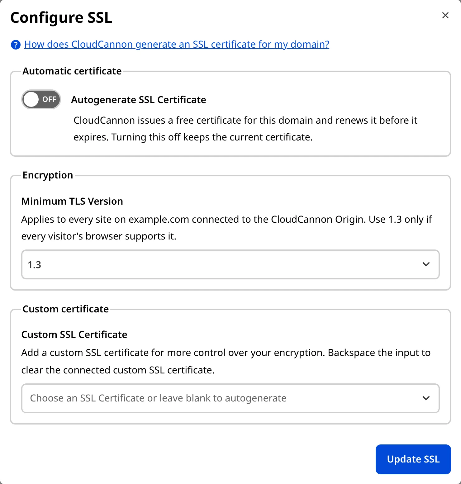 The Configure SSL modal A screenshot of the SSL settings modal shows fields for Minimum TLS Version, Validation Method, and a wildcard certificate checkbox.