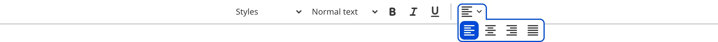 The Align text dropdown in the WYSIWYG toolbar A screenshot of the WYSIWYG toolbar in the Content Editor shows the Align text dropdown open, offering left, center, right, and justify alignment, with left selected as the default.
