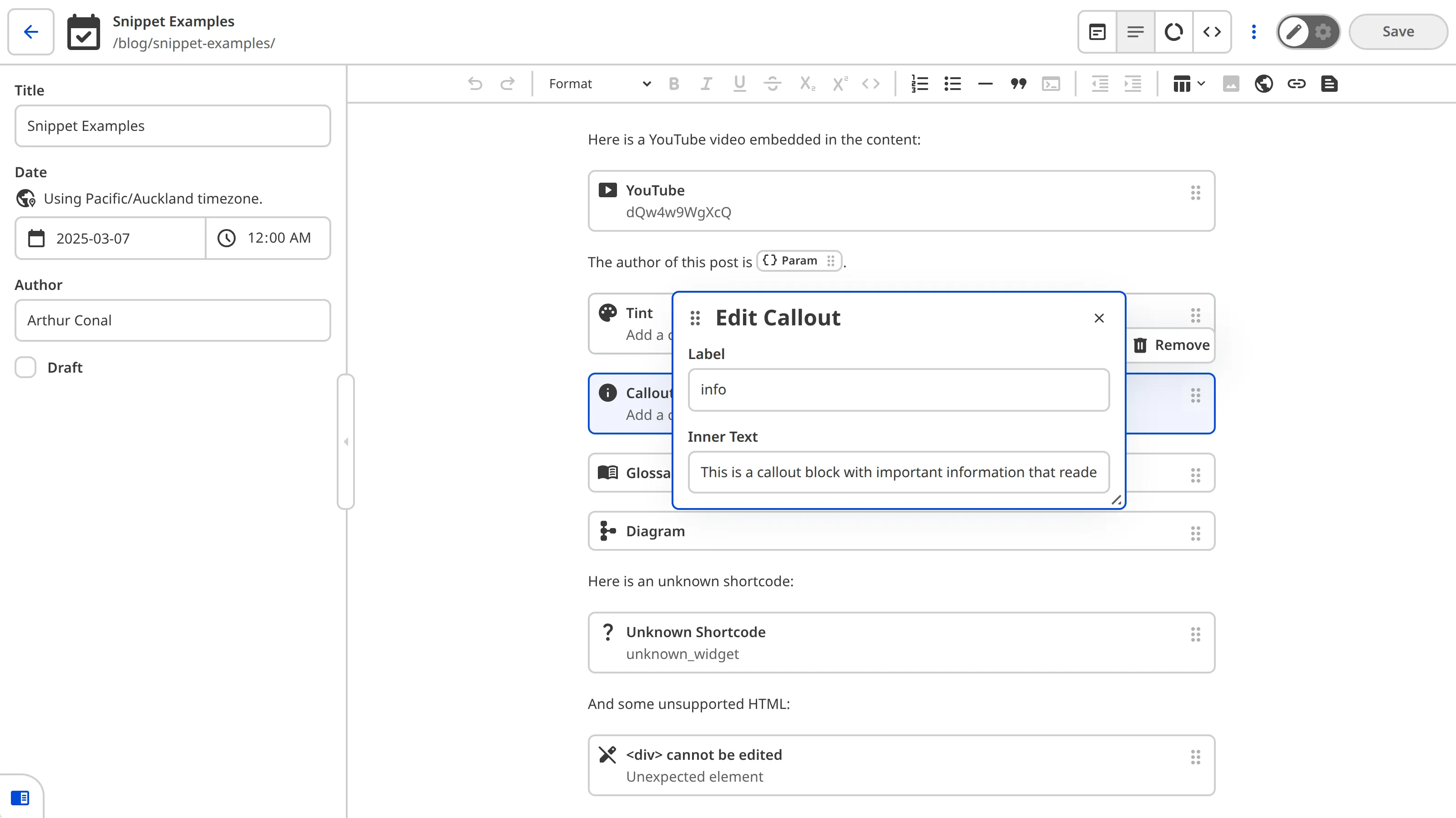 The Content Editor showing a Callout Snippet block selected with the data editor panel open, displaying Label and Inner Text inputs.